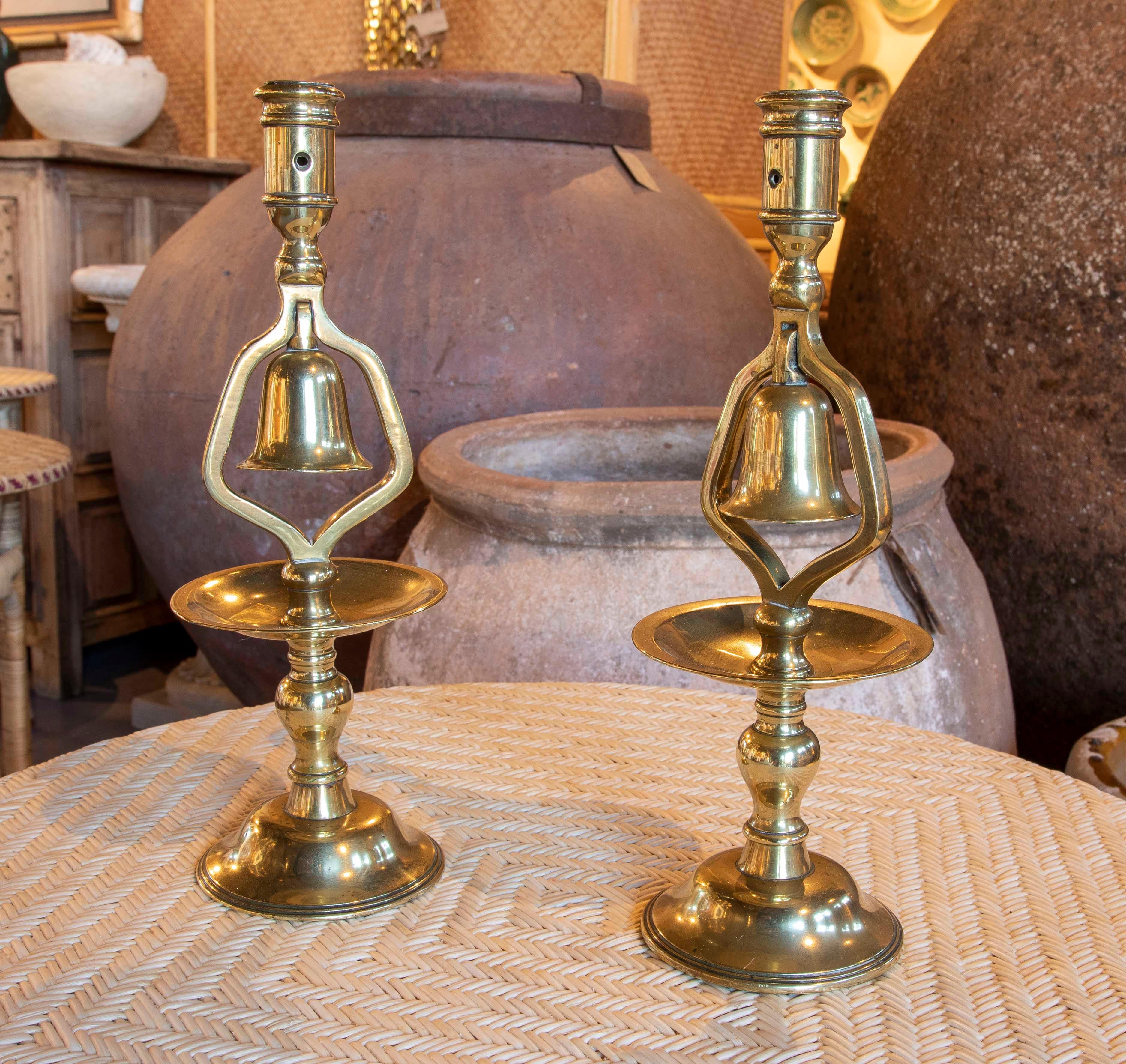 Spanish 1970s Pair of Bronze Candlesticks with Bells 