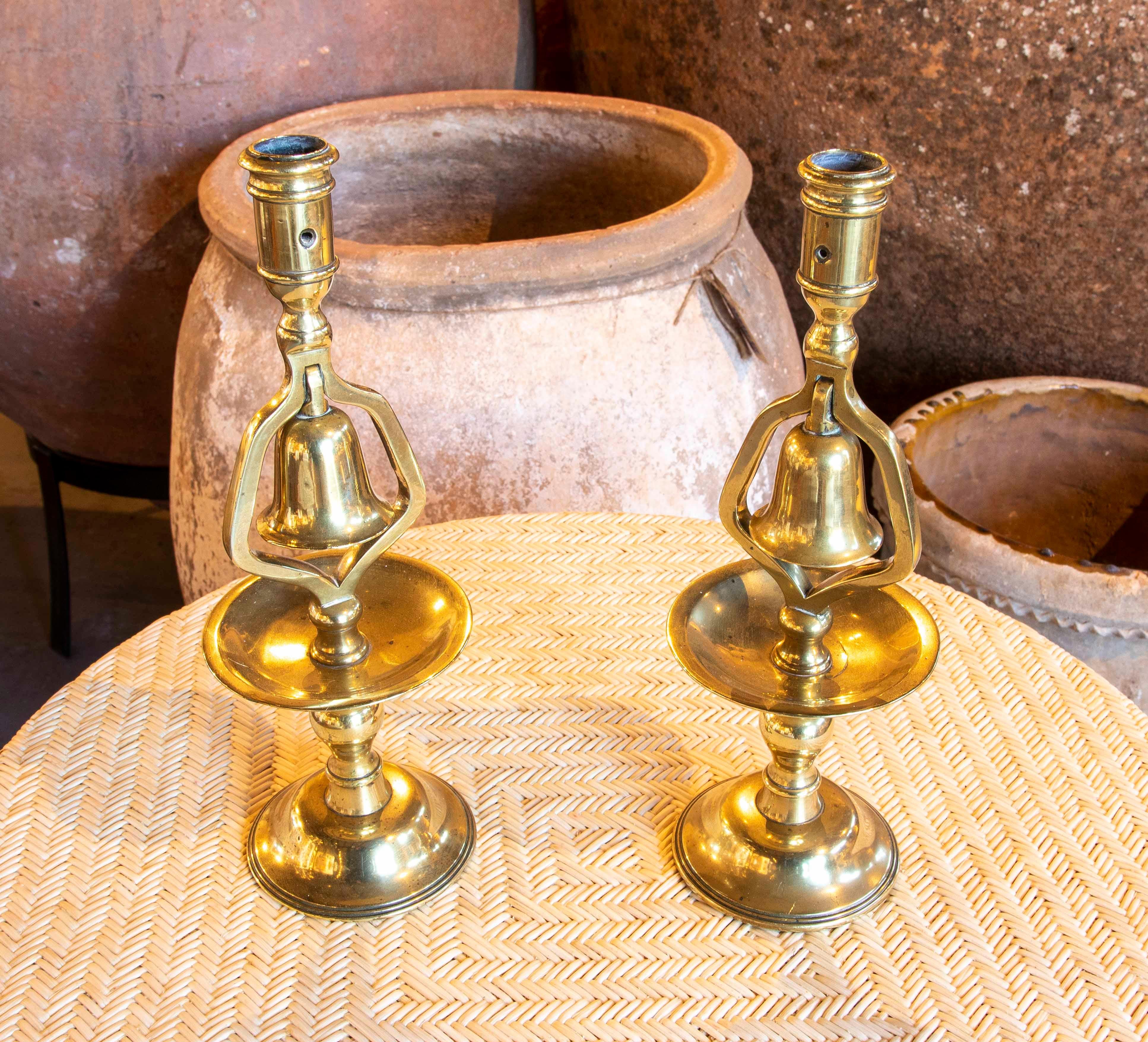 1970s Pair of Bronze Candlesticks with Bells  In Good Condition In Marbella, ES