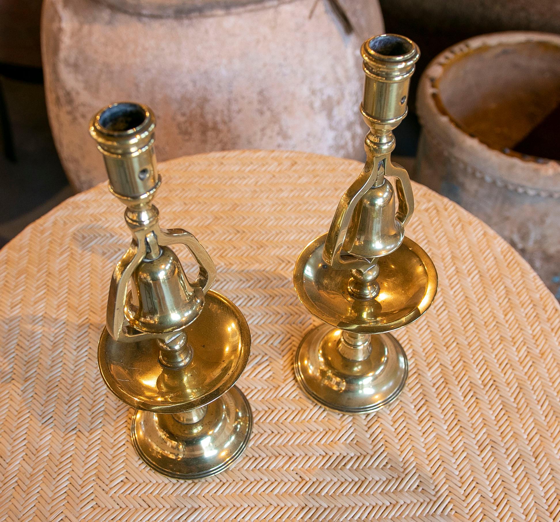 1970s Pair of Bronze Candlesticks with Bells  1