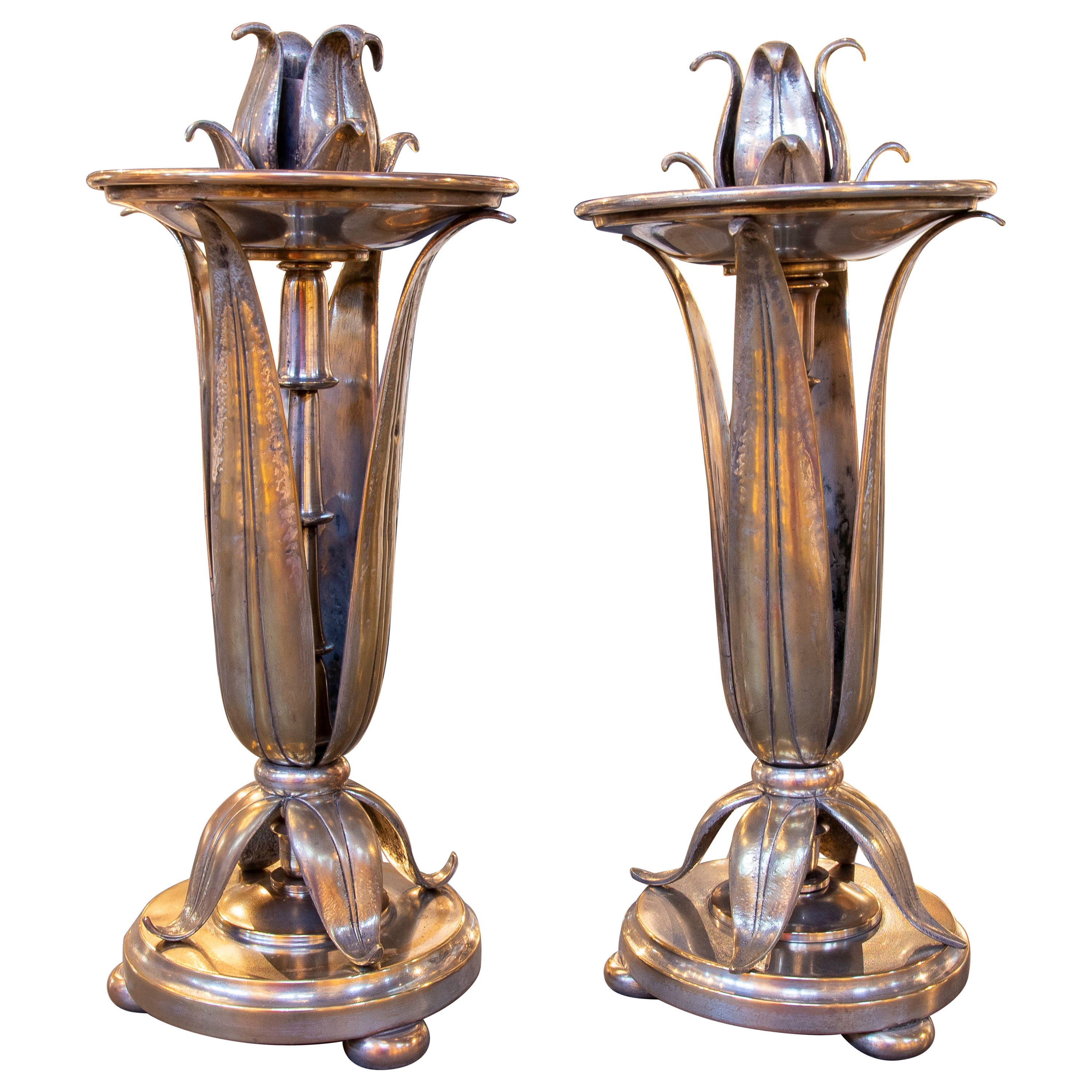 1970s Pair of Bronze Candlesticks with Lotus Flower and Leaves