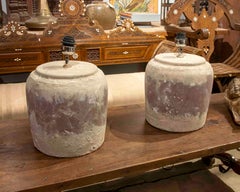 1970s Pair of Brutalist Lamps in Textured Ceramic with Natural Patina