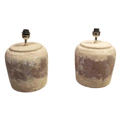 1970s Pair of Brutalist Lamps in Textured Ceramic with Natural Patina