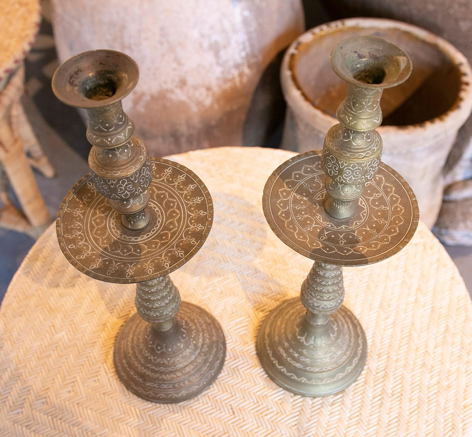 1970s Pair of Candlesticks with Carved Brass Decoration  For Sale 6