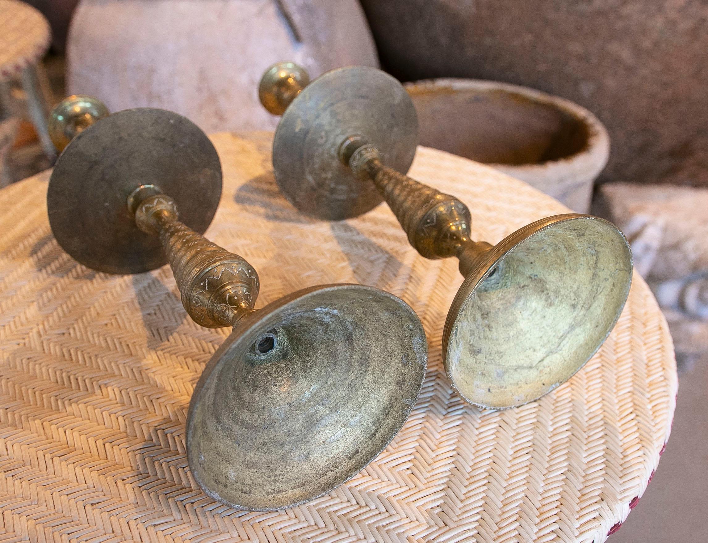 1970s Pair of Candlesticks with Carved Brass Decoration For Sale 10