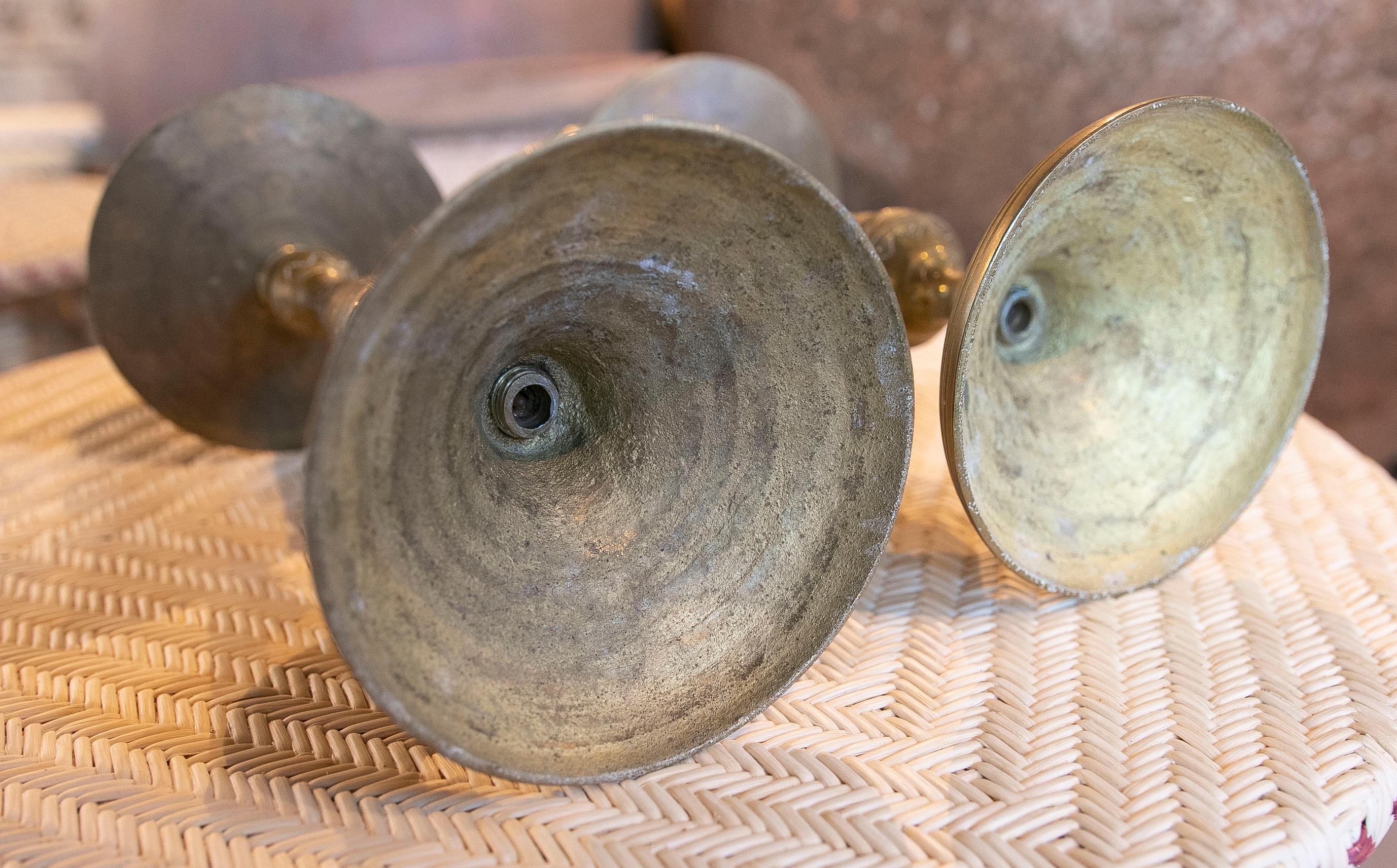 1970s Pair of Candlesticks with Carved Brass Decoration For Sale 11