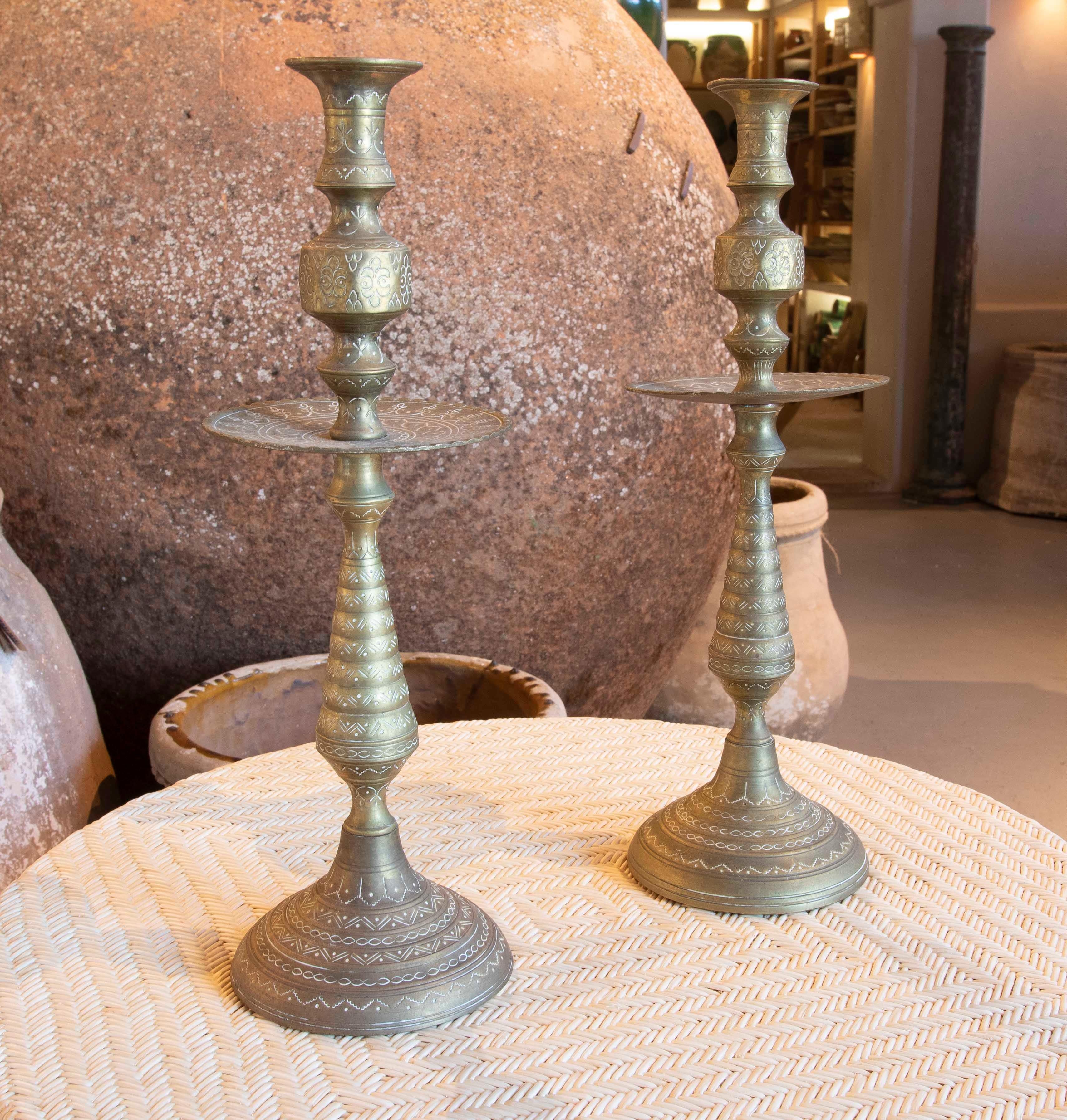 Spanish 1970s Pair of Candlesticks with Carved Brass Decoration  For Sale