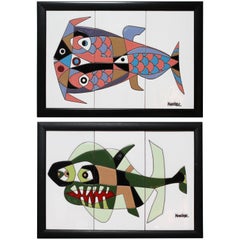 paire de tableaux de carreaux abstraits de César Manrique des années 1970 - Poissons