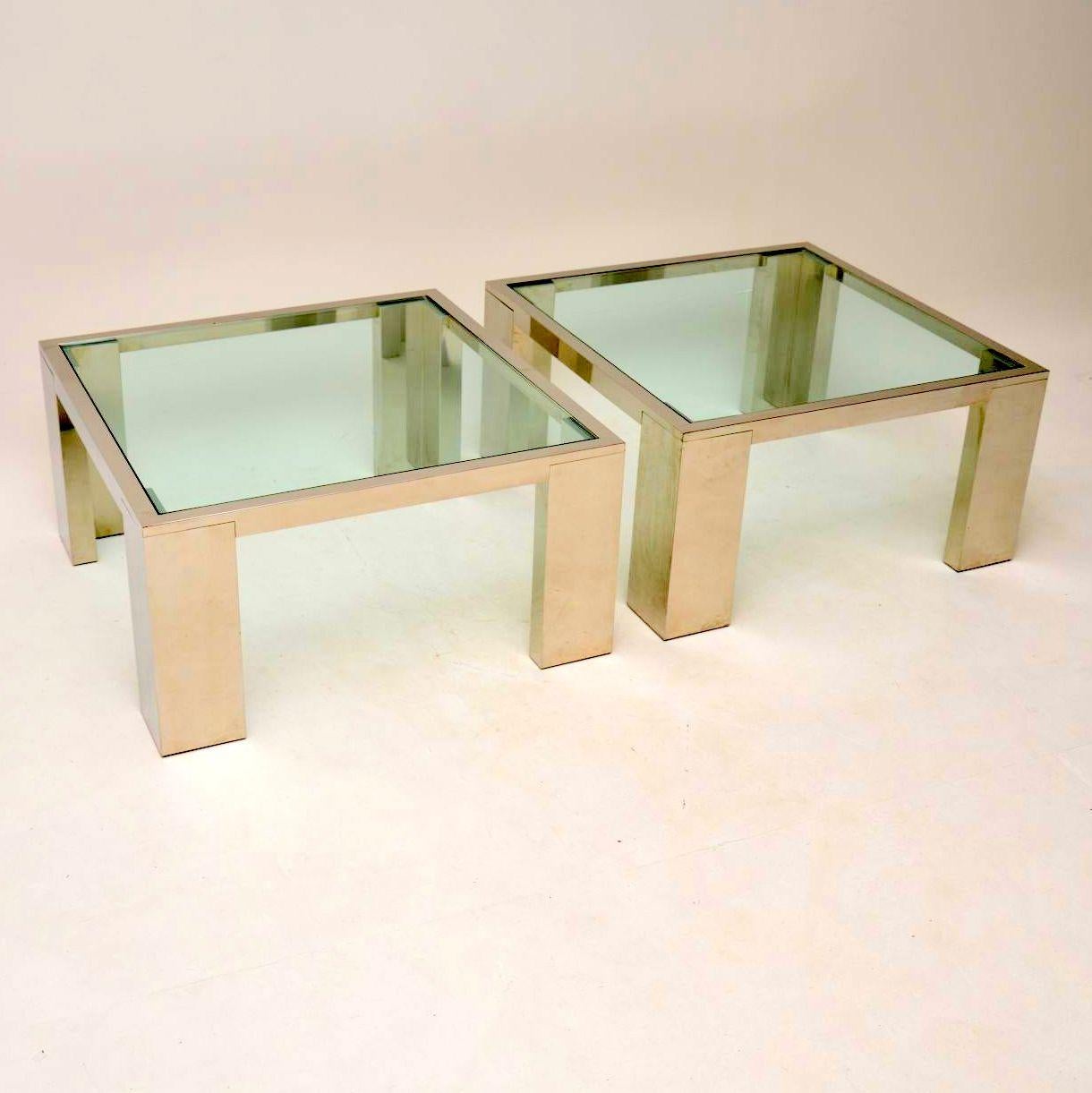 A superb pair of low vintage tables, these are of outstanding quality, with thick chromed steel frames, and extremely thick glass tops. These date from around the 1970s, and they are in great condition for their age, with just some minor surface