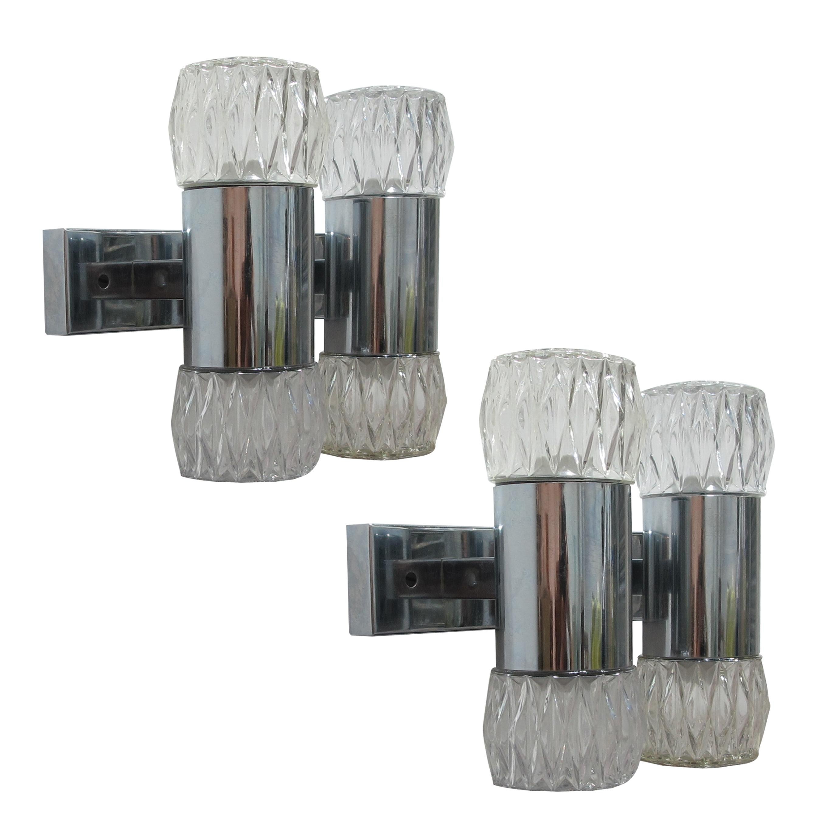 Mid-Century Modern 1970s  Pair of Chrome and Glass Wall Lights by G. Sciolary, Italy For Sale