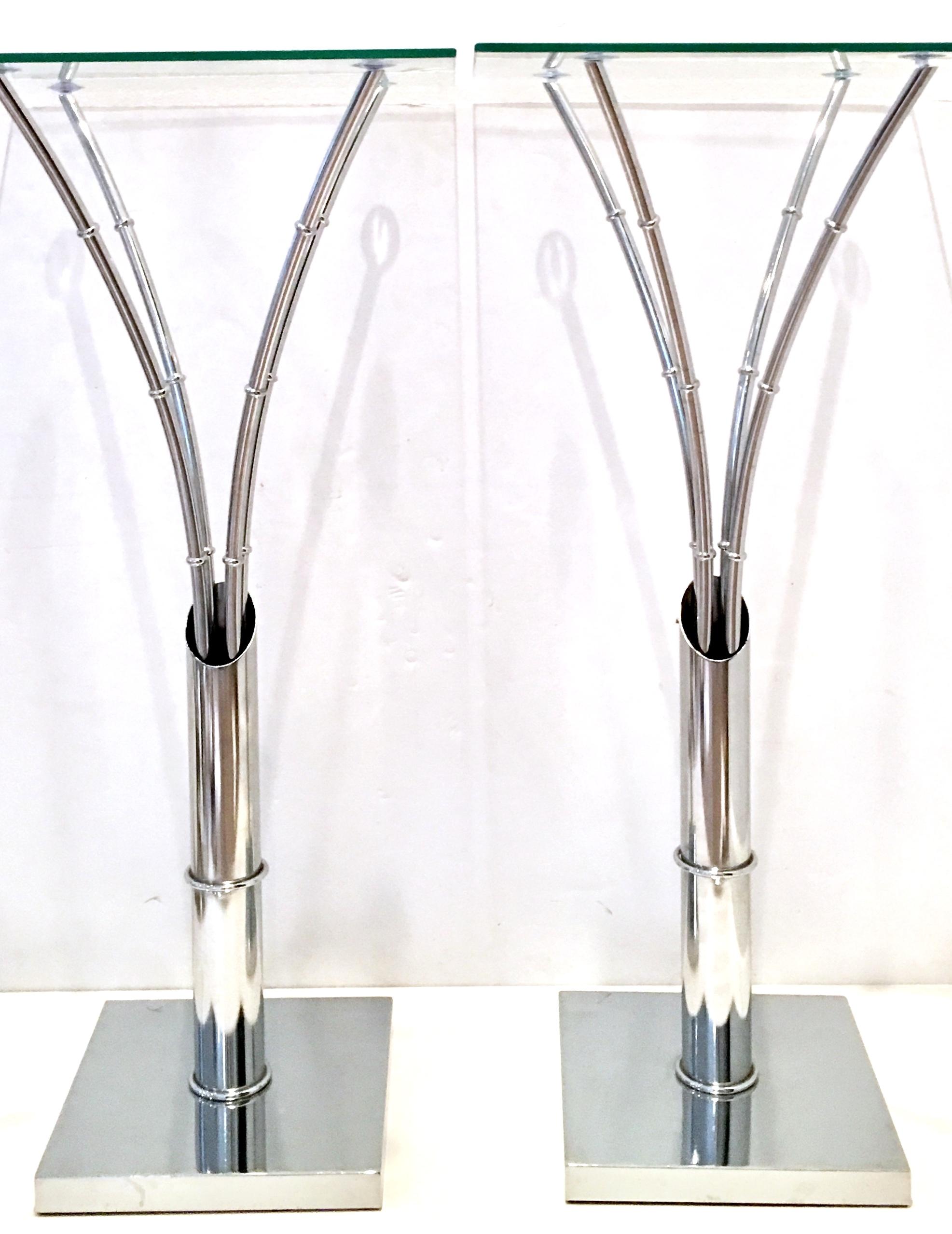 American 1970'S Pair Of Chrome & Glass Faux Bamboo Side Tables For Sale