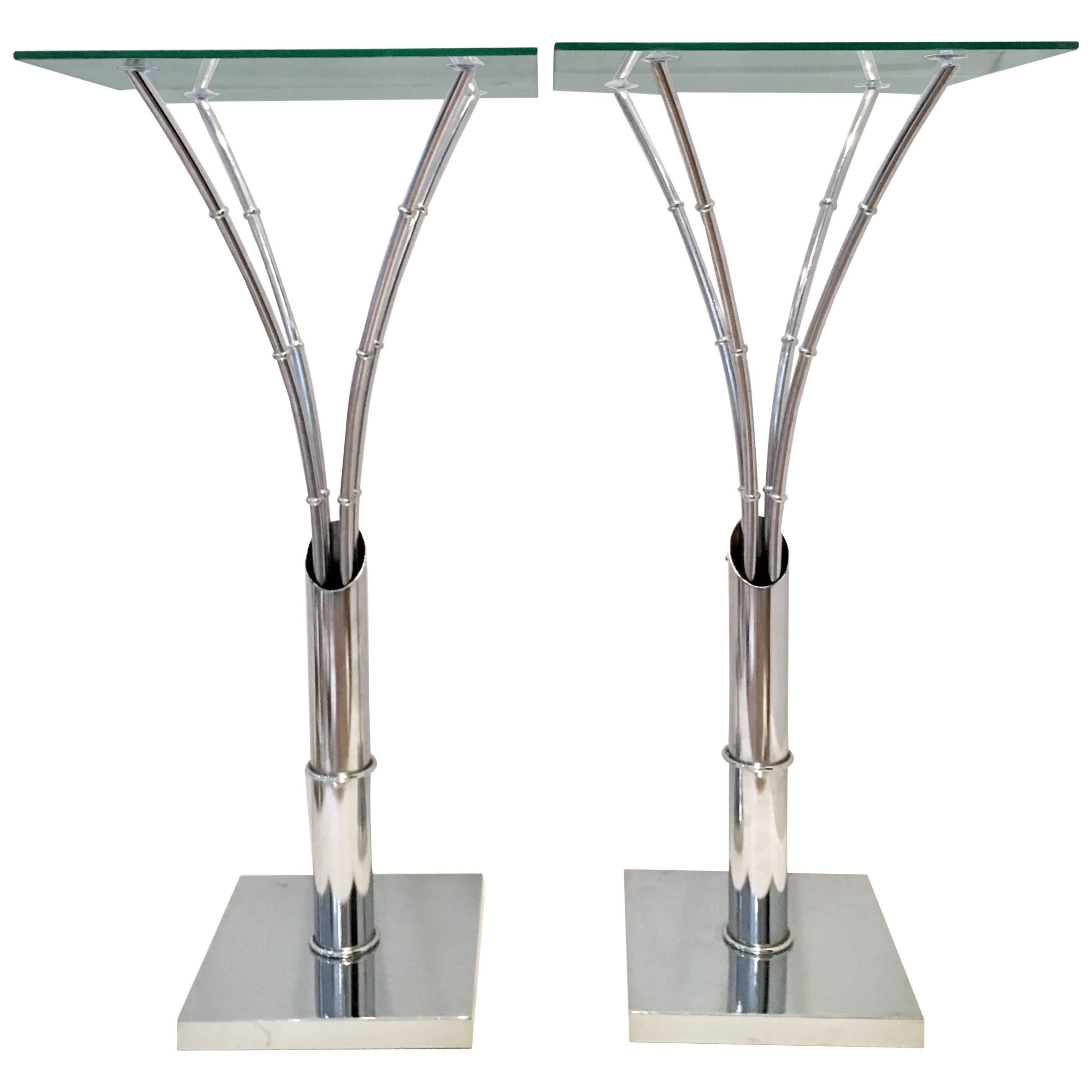 1970'S Pair Of Chrome & Glass Faux Bamboo Side Tables For Sale