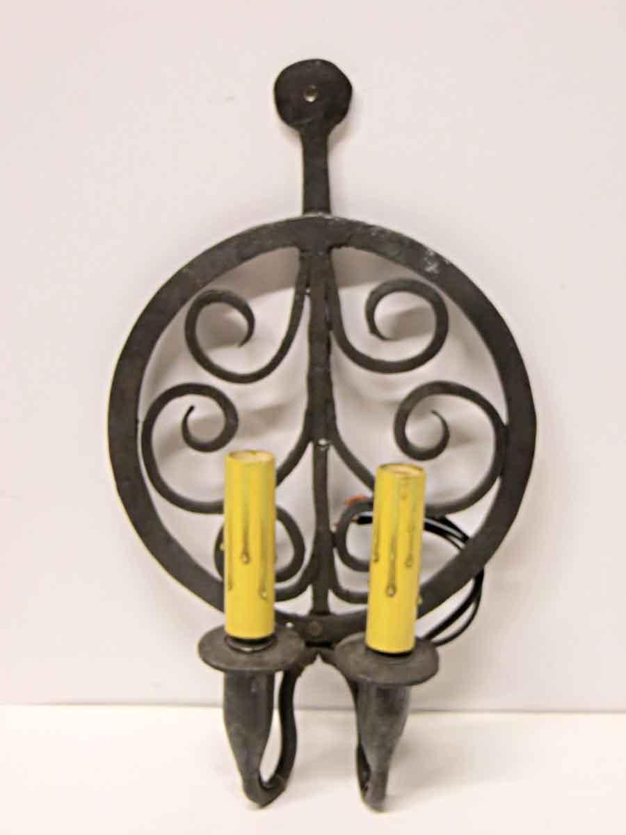 American Colonial 1970s Pair of Colonial Double Arm Wrought Iron Candlestick Sconces