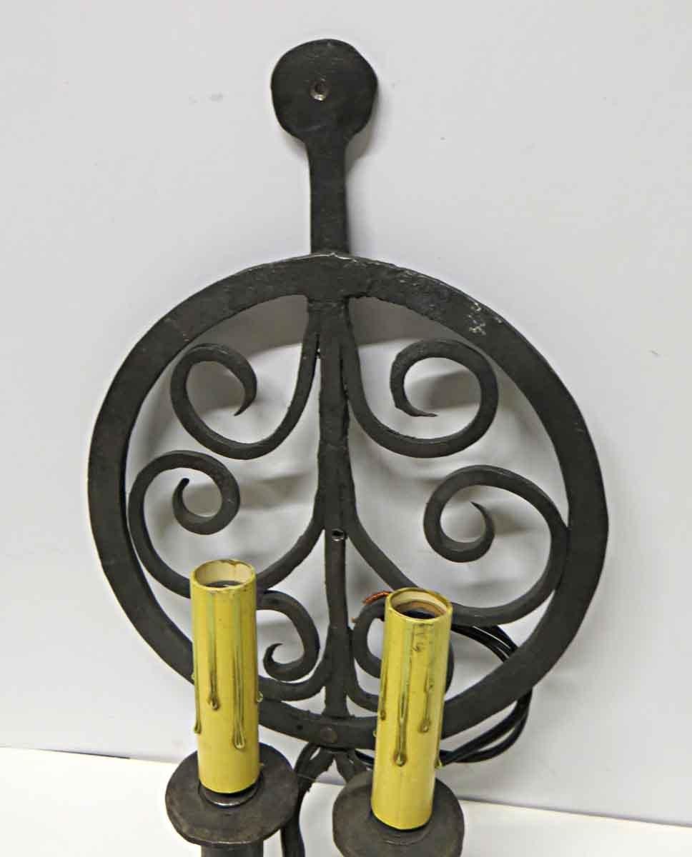 American 1970s Pair of Colonial Double Arm Wrought Iron Candlestick Sconces