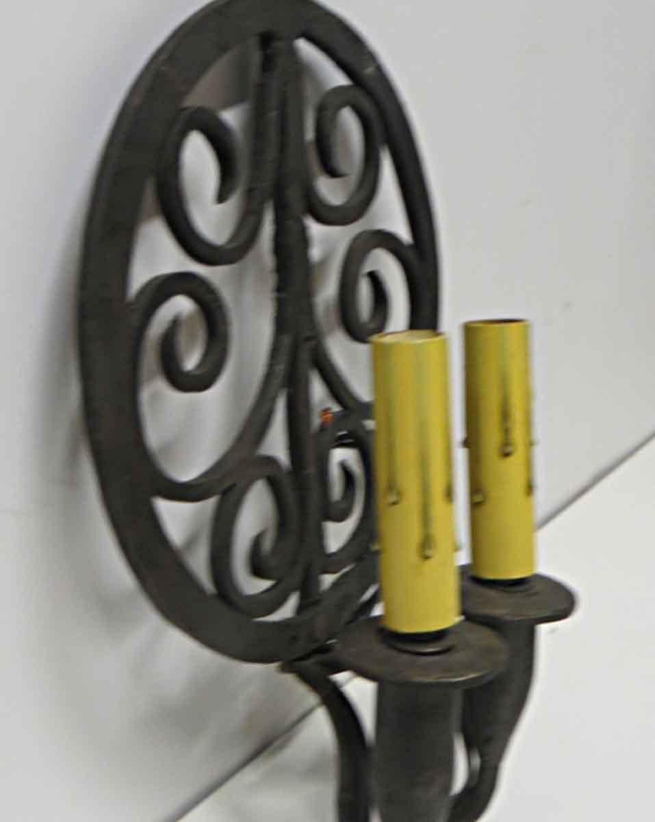 1970s Pair of Colonial Double Arm Wrought Iron Candlestick Sconces 1