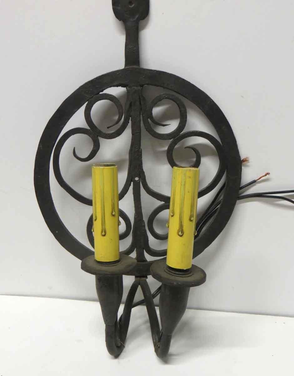 1970s Pair of Colonial Double Arm Wrought Iron Candlestick Sconces 3