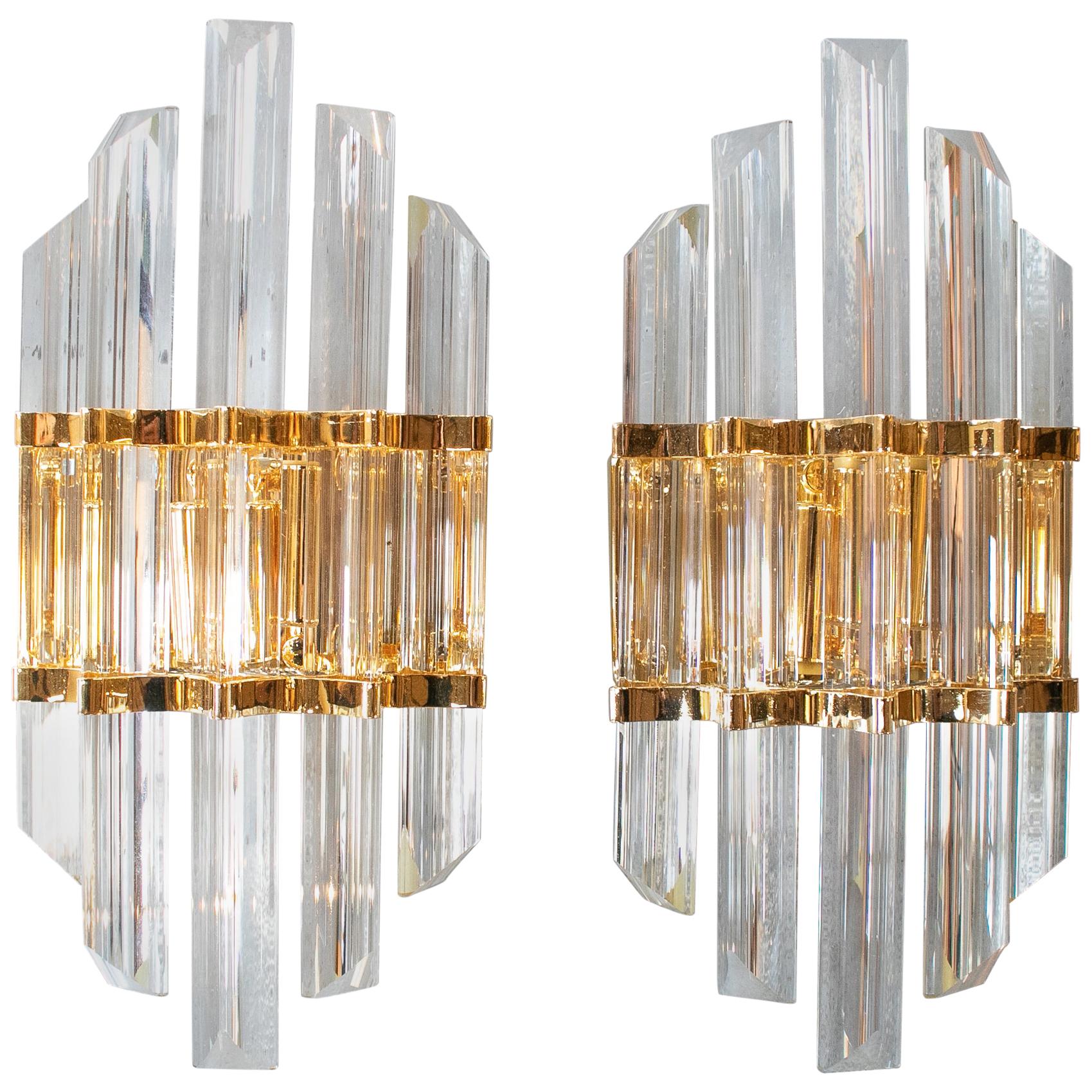 1970s Pair of Crystal and Bronze Wall-Lamps