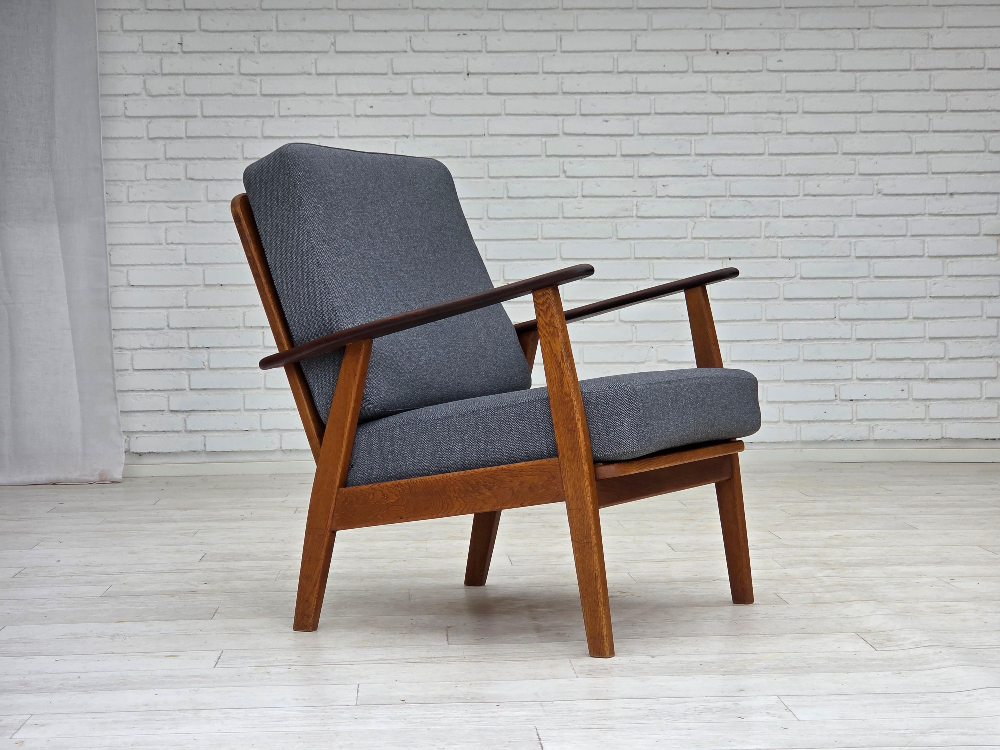 Late 20th Century 1970s, pair of Danish armchairs, reupholstered, furniture wool, teak, oak. For Sale