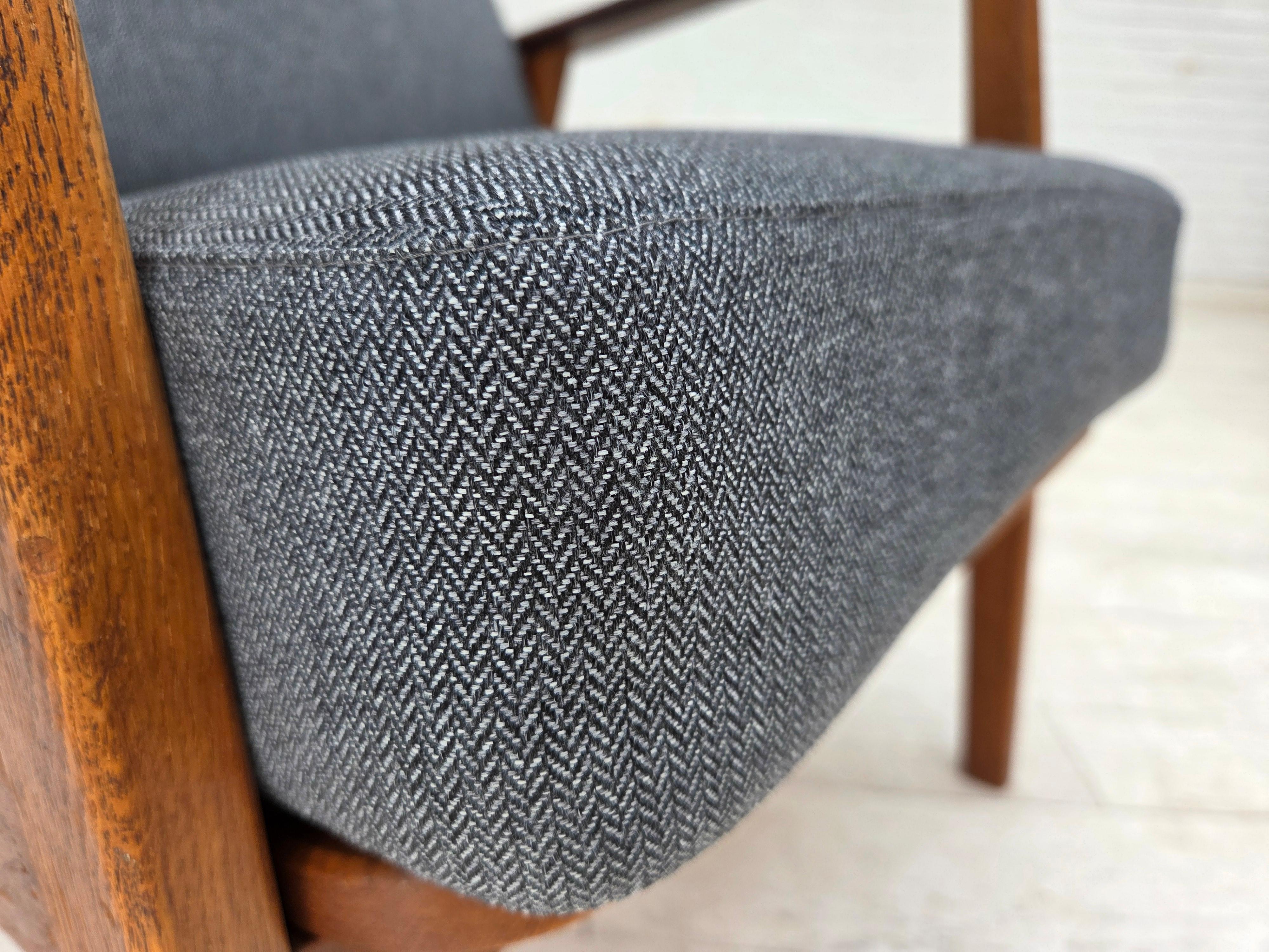 Wool 1970s, pair of Danish armchairs, reupholstered, furniture wool, teak, oak. For Sale