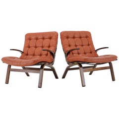 1970s Pair of Danish Bentwood Armchair in Red Leather