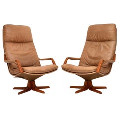 1970s Pair of Danish Leather and Teak Reclining Armchairs