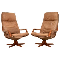 1970s Pair of Danish Leather and Teak Reclining Armchairs