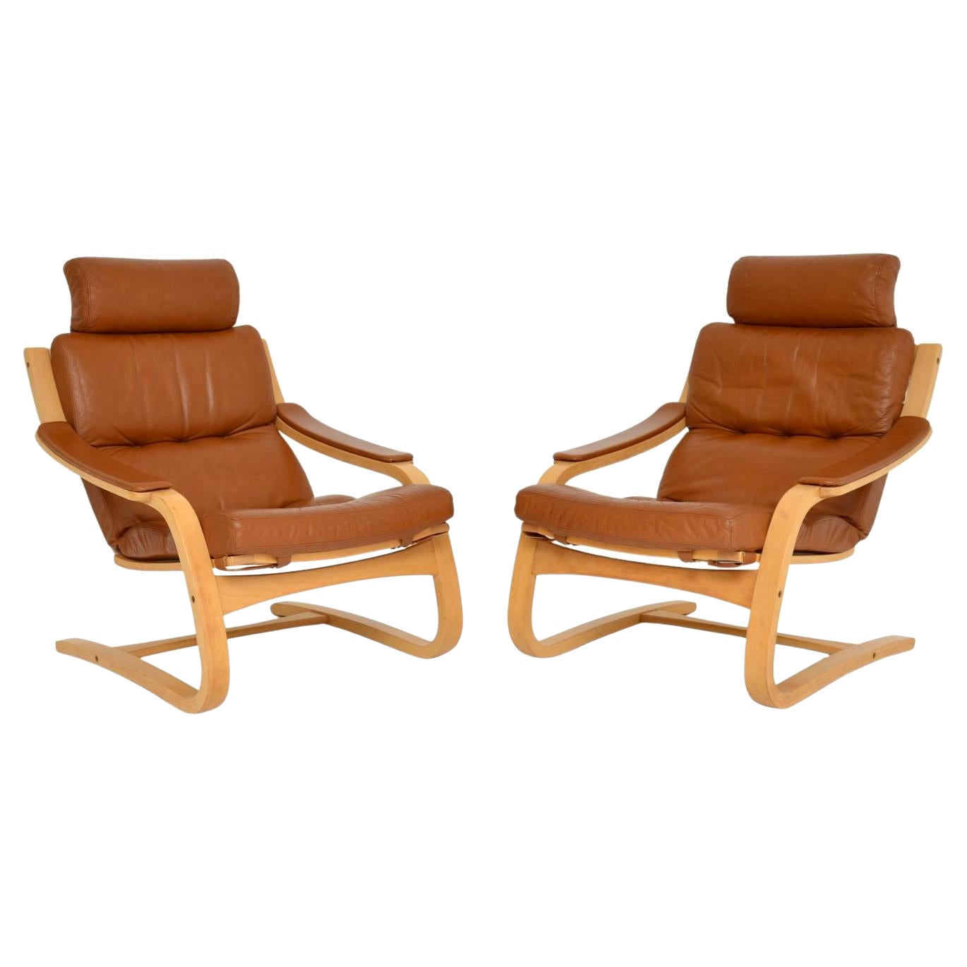1970
s Pair of Danish Leather Bentwood Armchairs