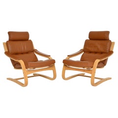 1970's Pair of Danish Leather Bentwood Armchairs