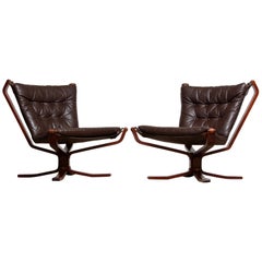 1970s Pair of Dark Brown Leather 'Falcon' Chairs, Sigurd Resell Made in Denmark