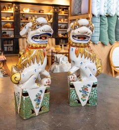 1970s Pair of Enameled Porcelain Foo Dogs