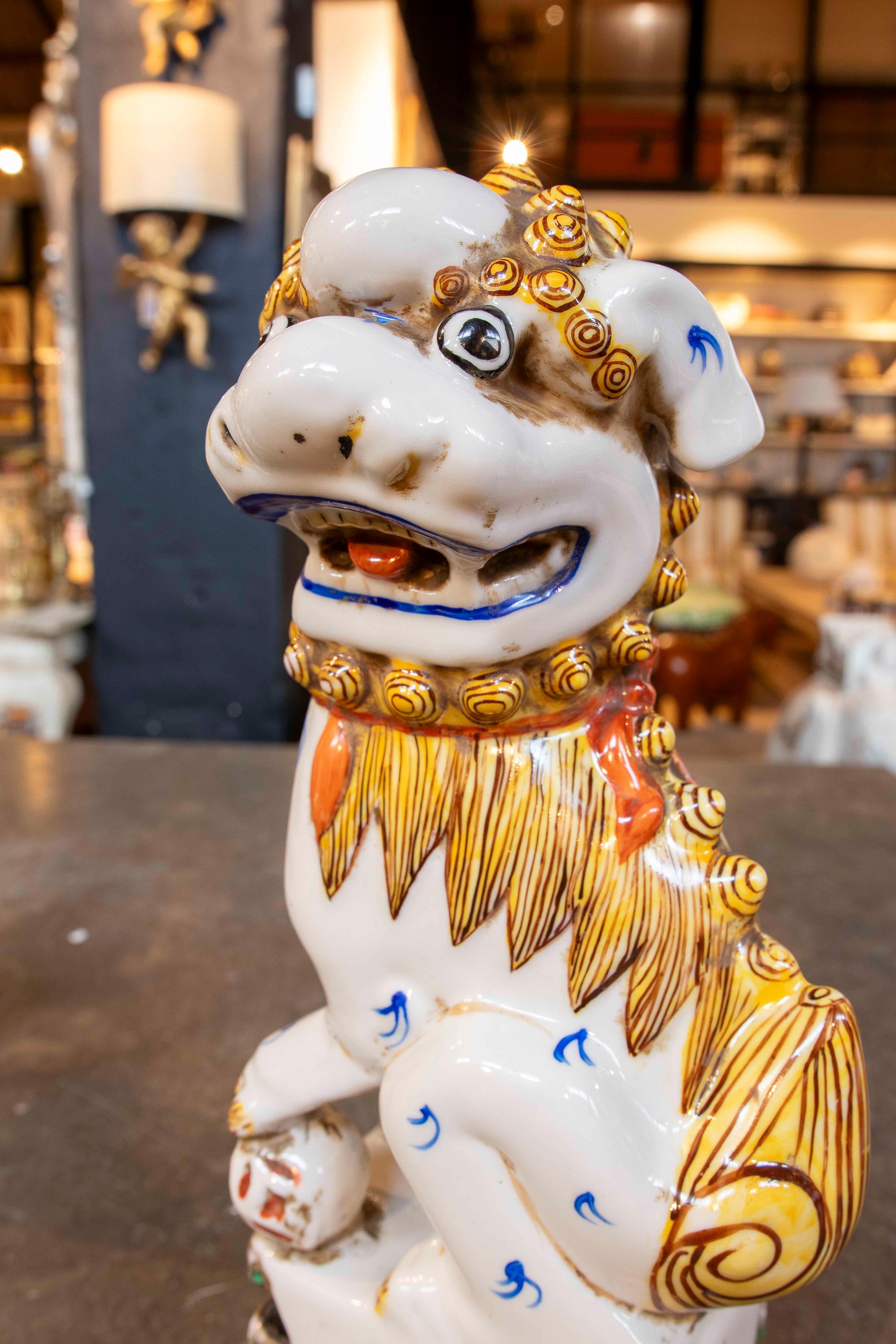 20th Century 1970s Pair of Enameled Porcelain Foo Dogs
