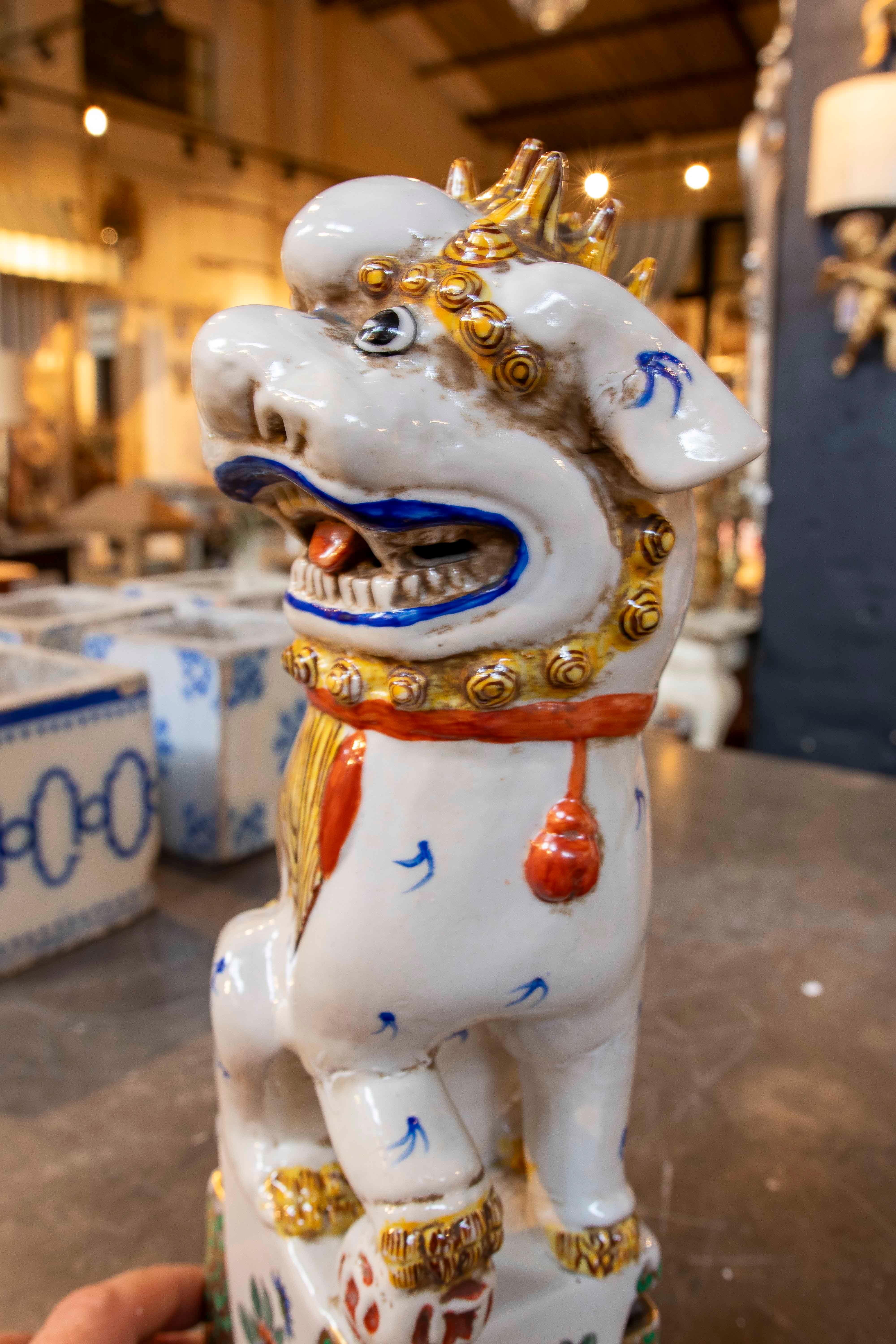 Ceramic 1970s Pair of Enameled Porcelain Foo Dogs
