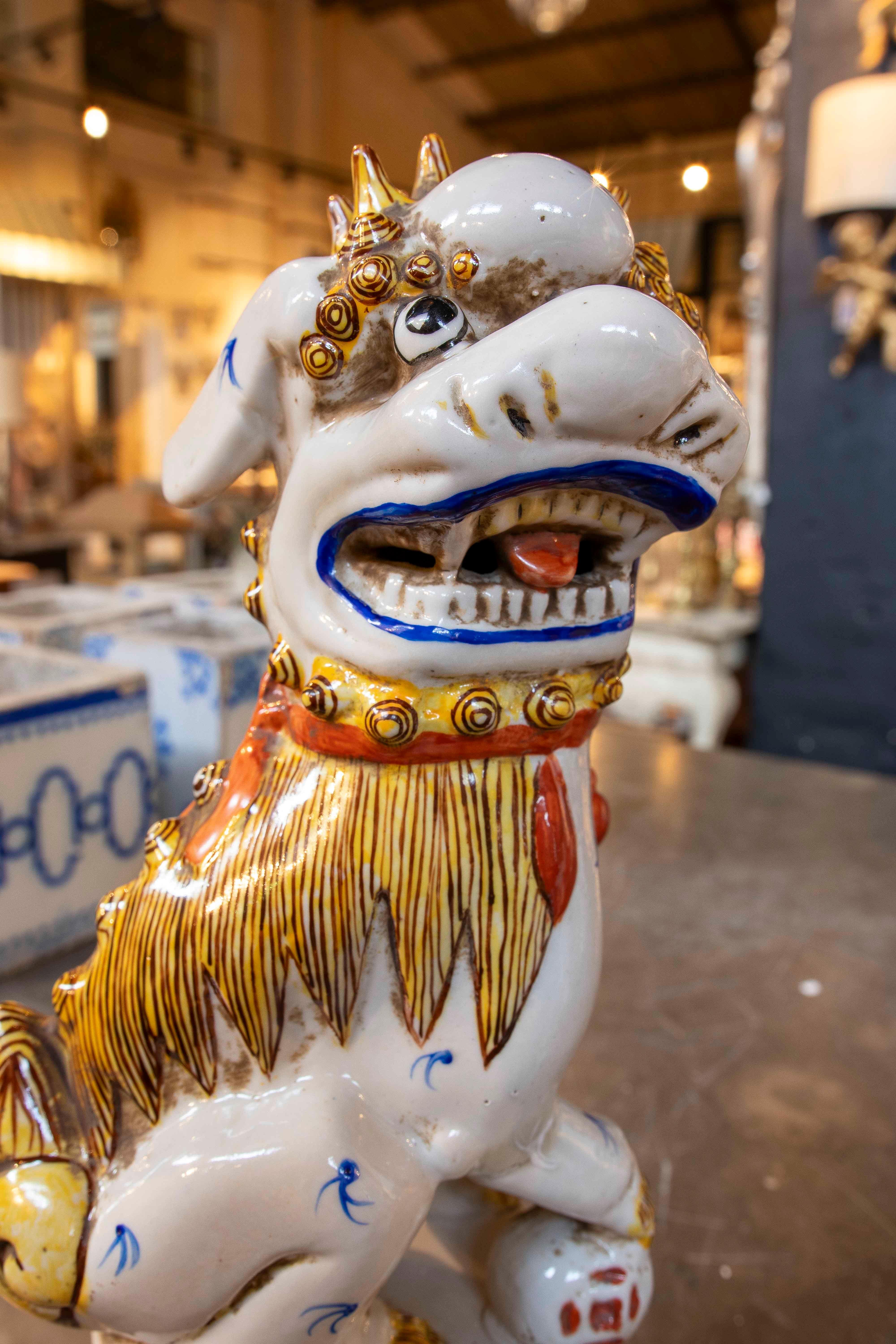 1970s Pair of Enameled Porcelain Foo Dogs 2