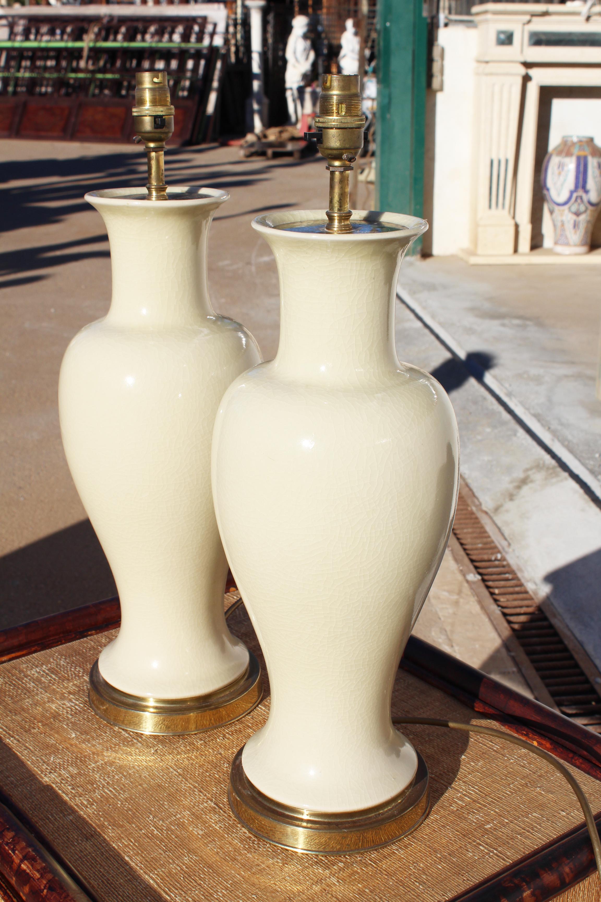 1970s Pair of English White Ceramic Table Lamps Signed 