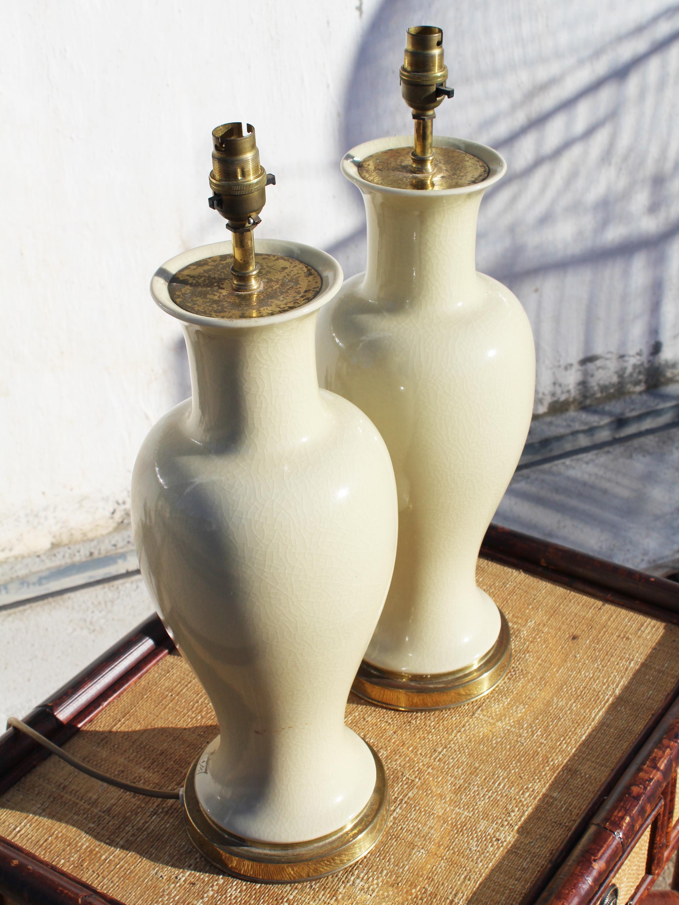 1970s Pair of English White Ceramic Table Lamps Signed 