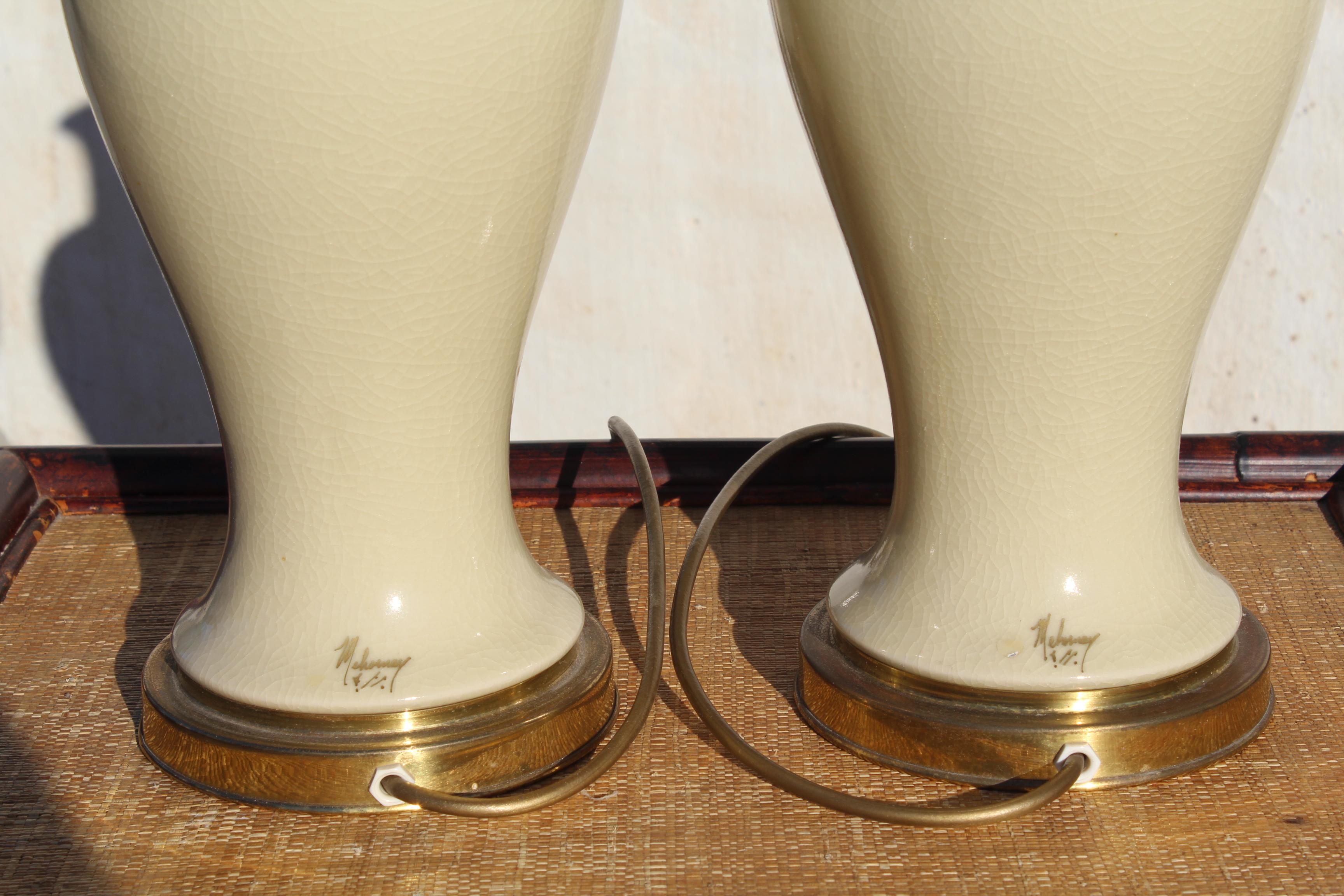 1970s Pair of English White Ceramic Table Lamps Signed 