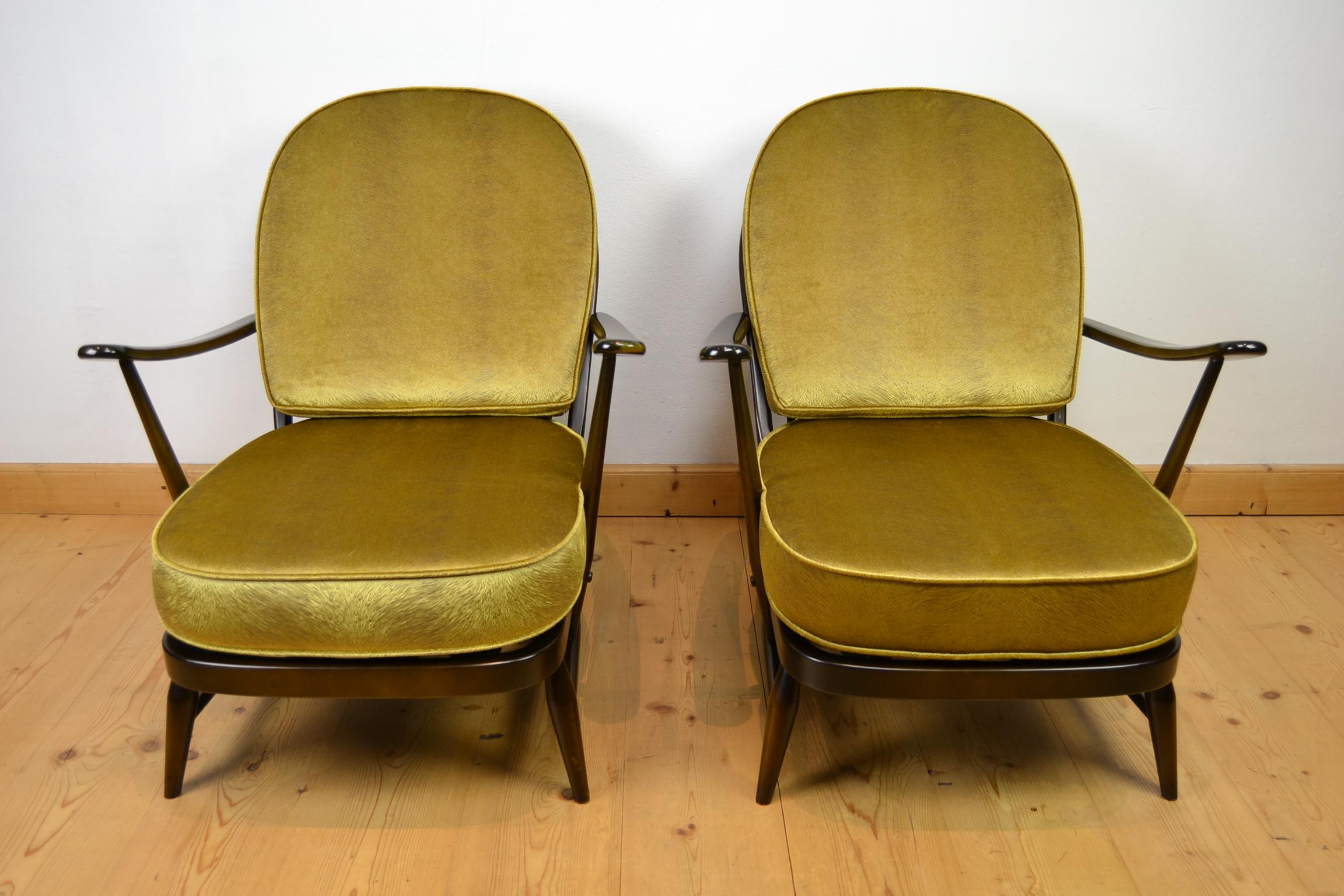 1970er Jahre Paar Ercol Windsor Sessel mit neuen Polstern in Gold Pistoia Samt (Moderne der Mitte des Jahrhunderts) im Angebot