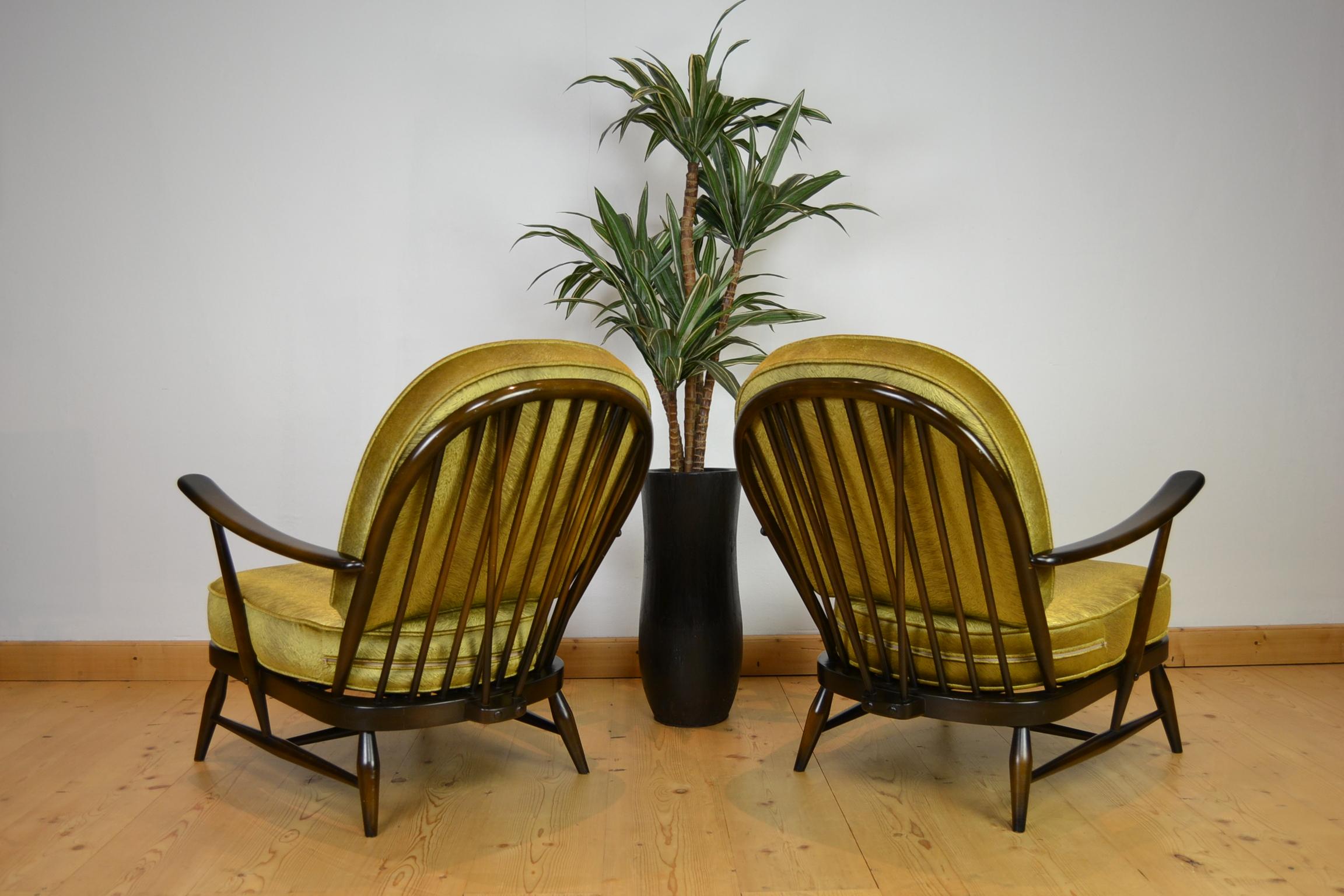 1970 Paire de fauteuils Ercol Windsor avec coussins neufs en velours Pistoia doré Bon état - En vente à Antwerp, BE