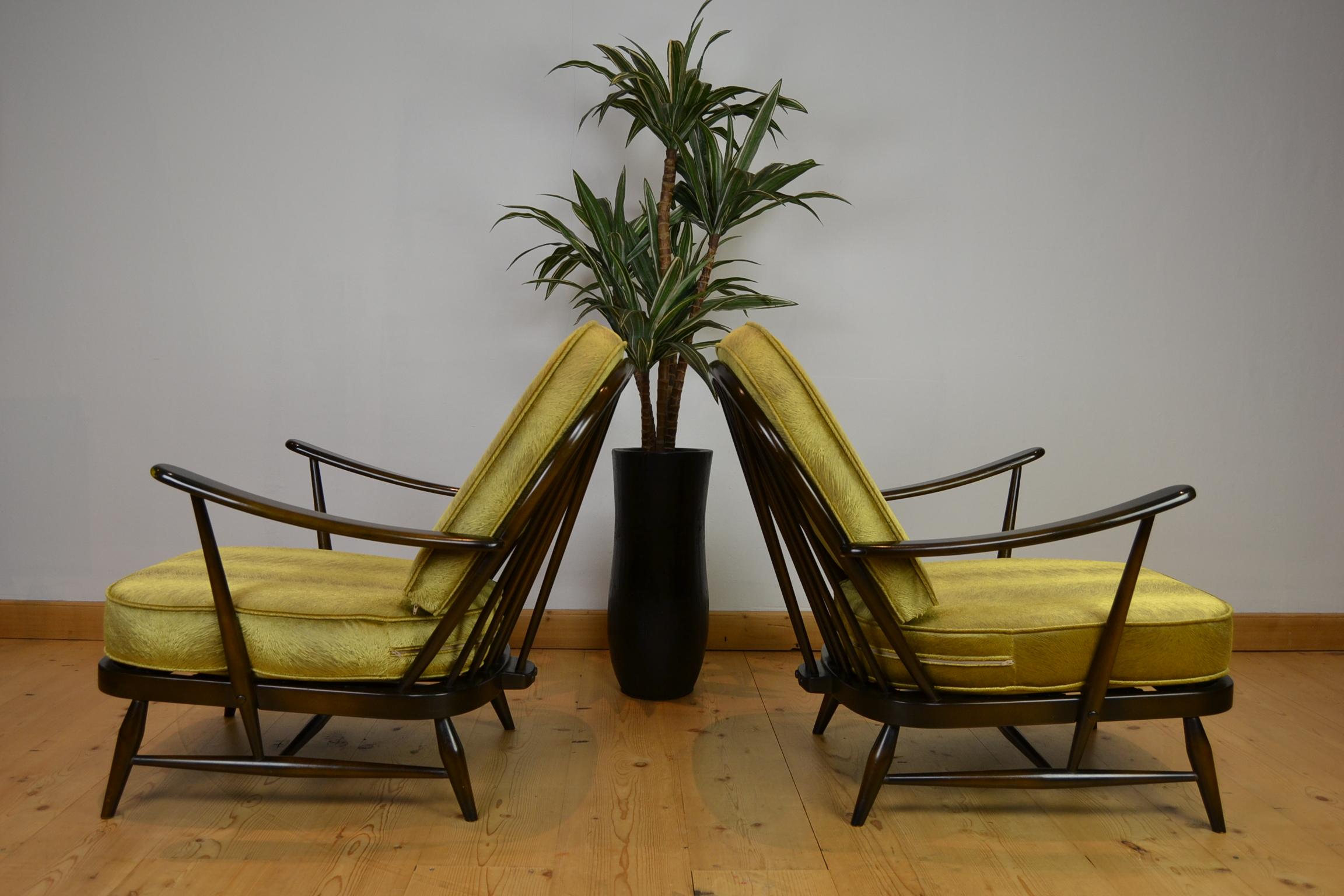 English 1970s Pair of Ercol Windsor Armchairs with new Cushions in Gold Pistoia Velvet For Sale