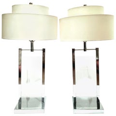 1970s Pair of Etched Lucite and Chrome Table Lamps by, George Kovacs