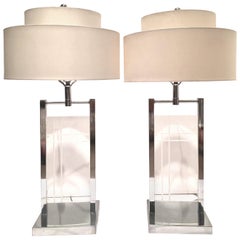 1970'S Pair of Etched Lucite & Chrome Table Lamps By, George Kovacs