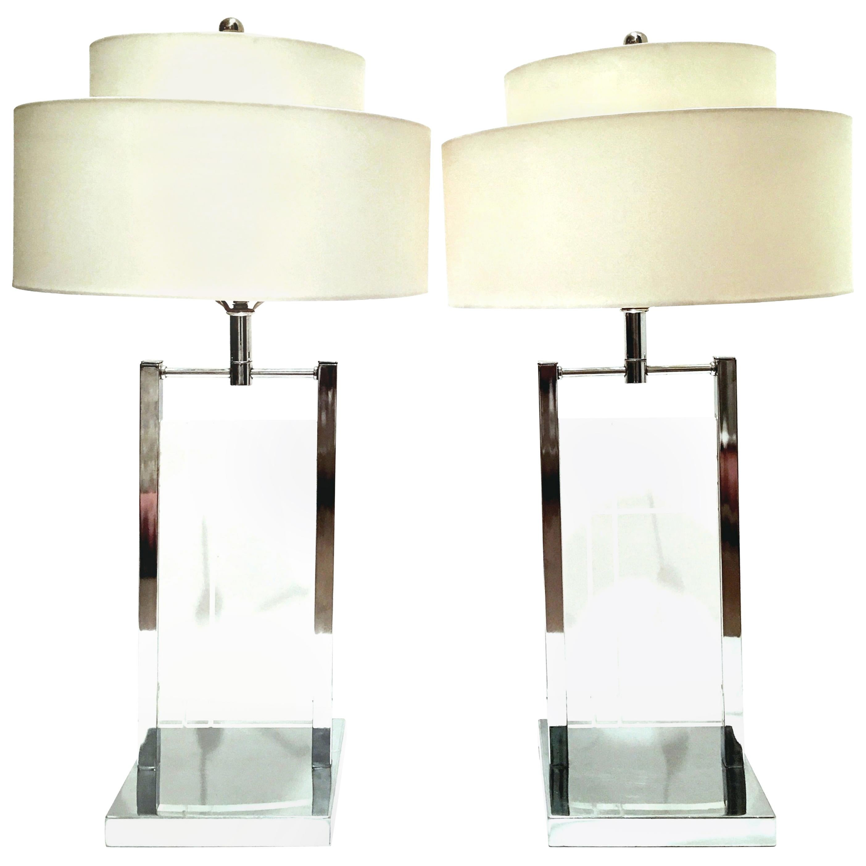 1970s Pair of Etched Lucite and Chrome Table Lamps by, George Kovacs For Sale