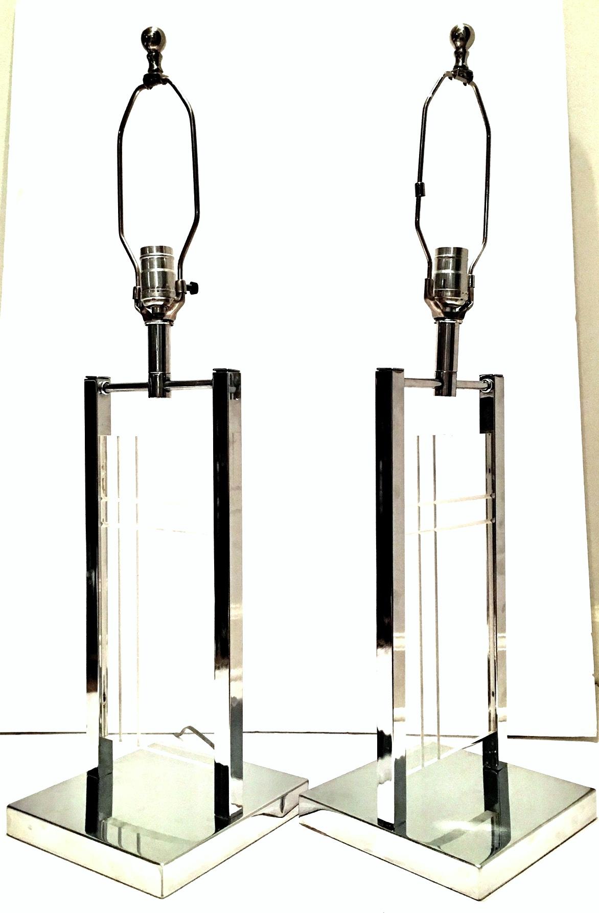 Modern 1970'S Pair of Etched Lucite & Chrome Table Lamps By, George Kovacs