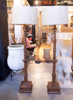 1970s Pair of Floor Lamps Crafted in Carved Wood with Textile Shades