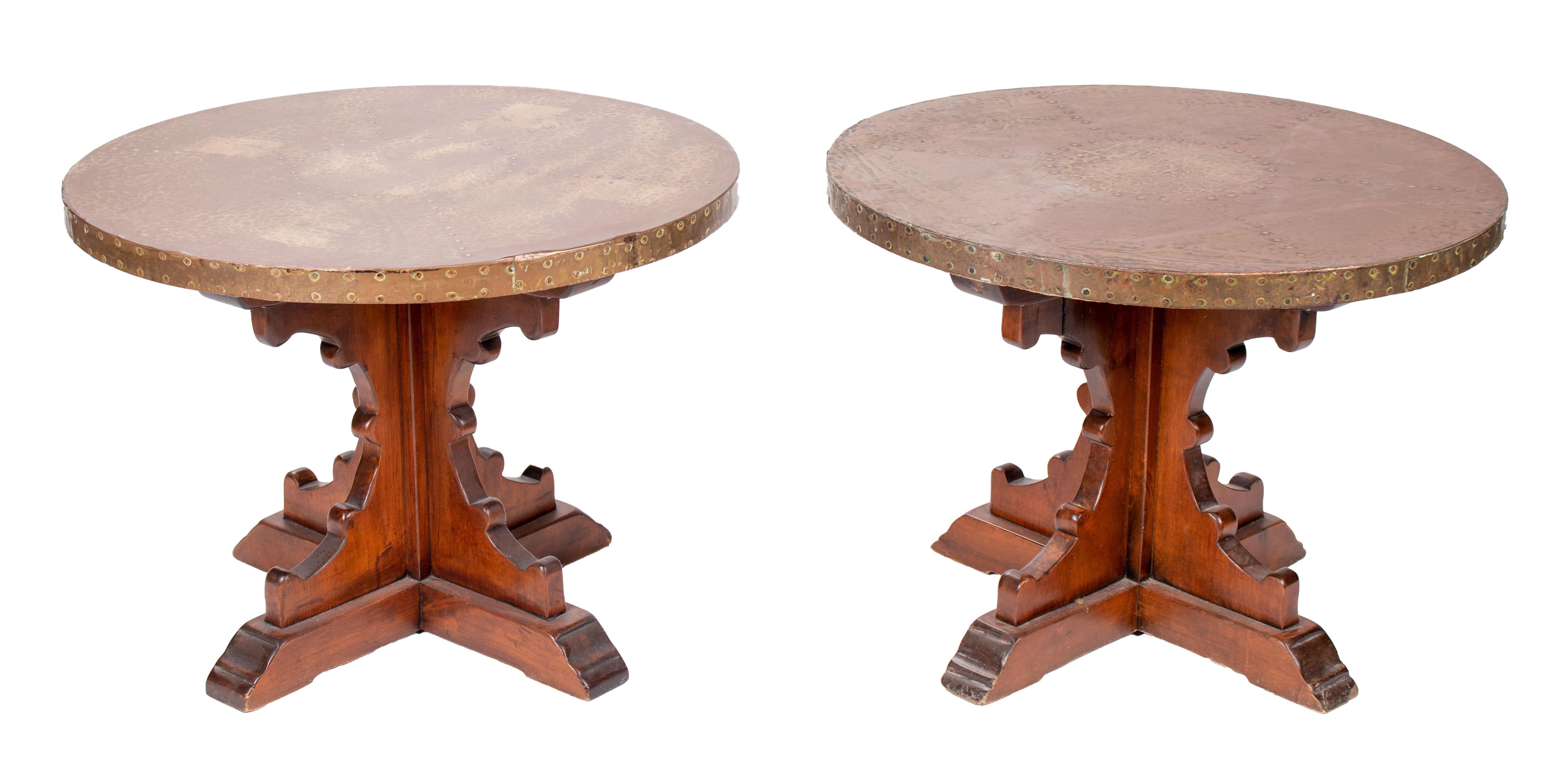 1970s pair of French brass top auxiliary tables with wooden legs.