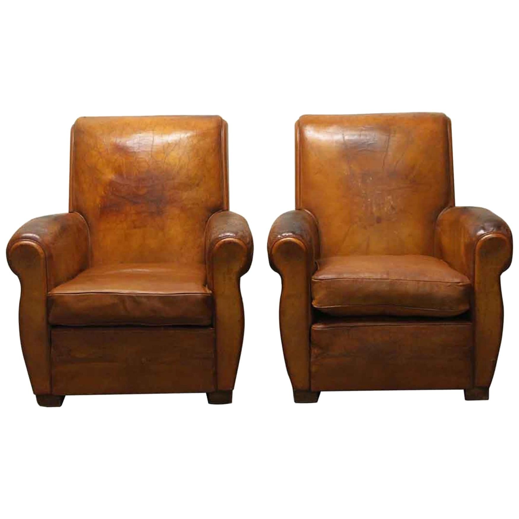 1970s Pair of French Leather Club Chairs