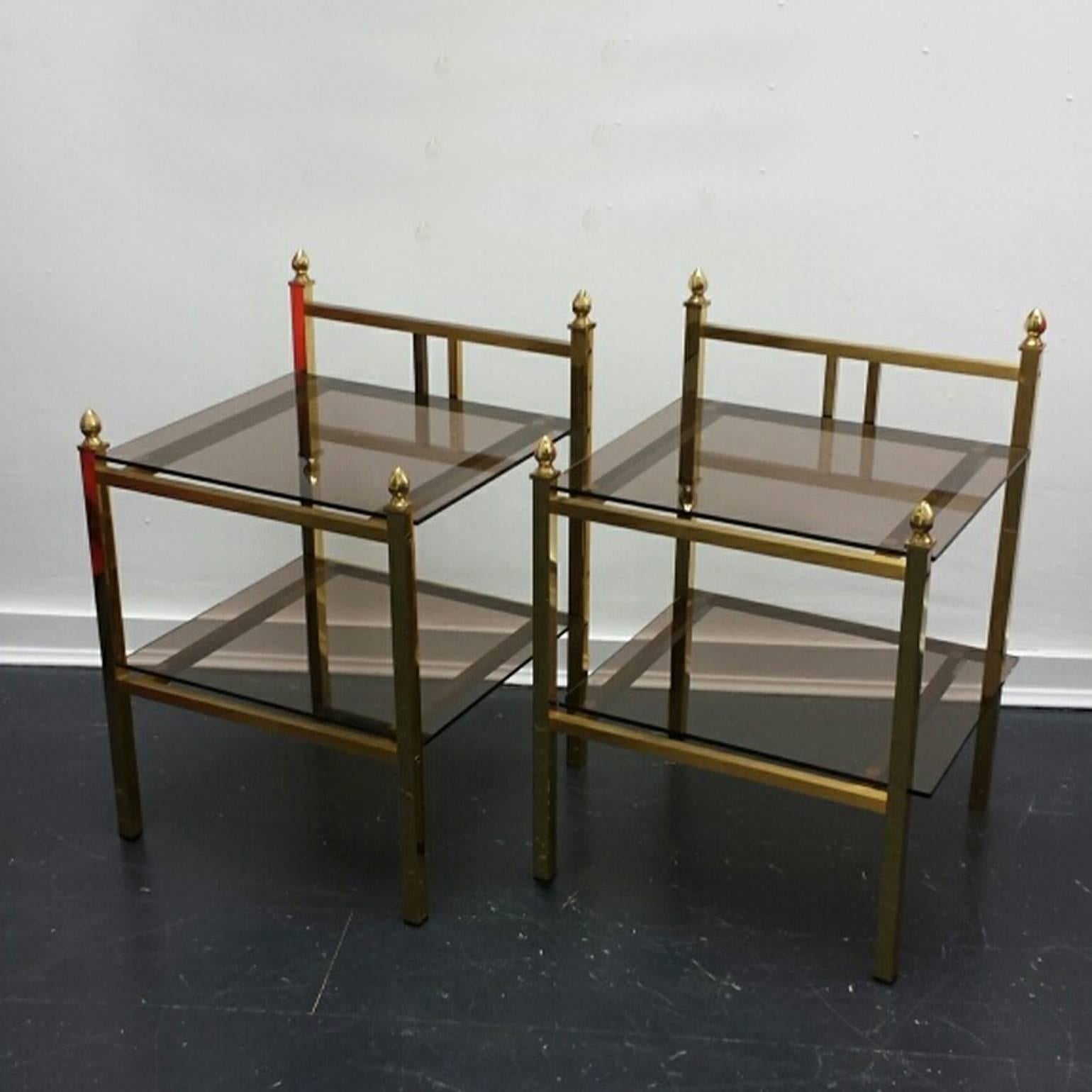 Pair of Brass Side Tables with Glass Shelves in Maison Charles Style  4