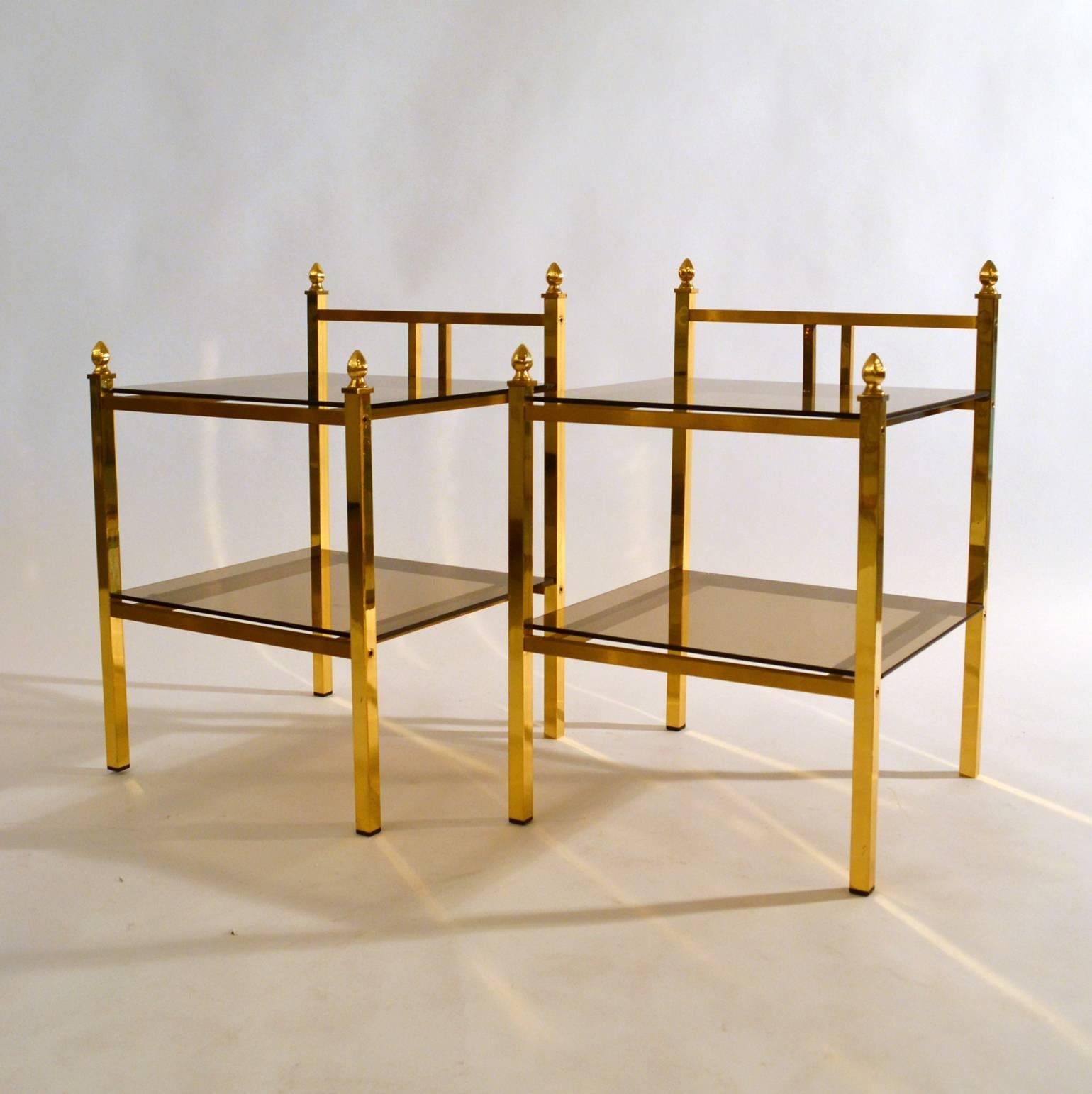 Mid-Century Modern Pair of Brass Side Tables with Glass Shelves in Maison Charles Style 