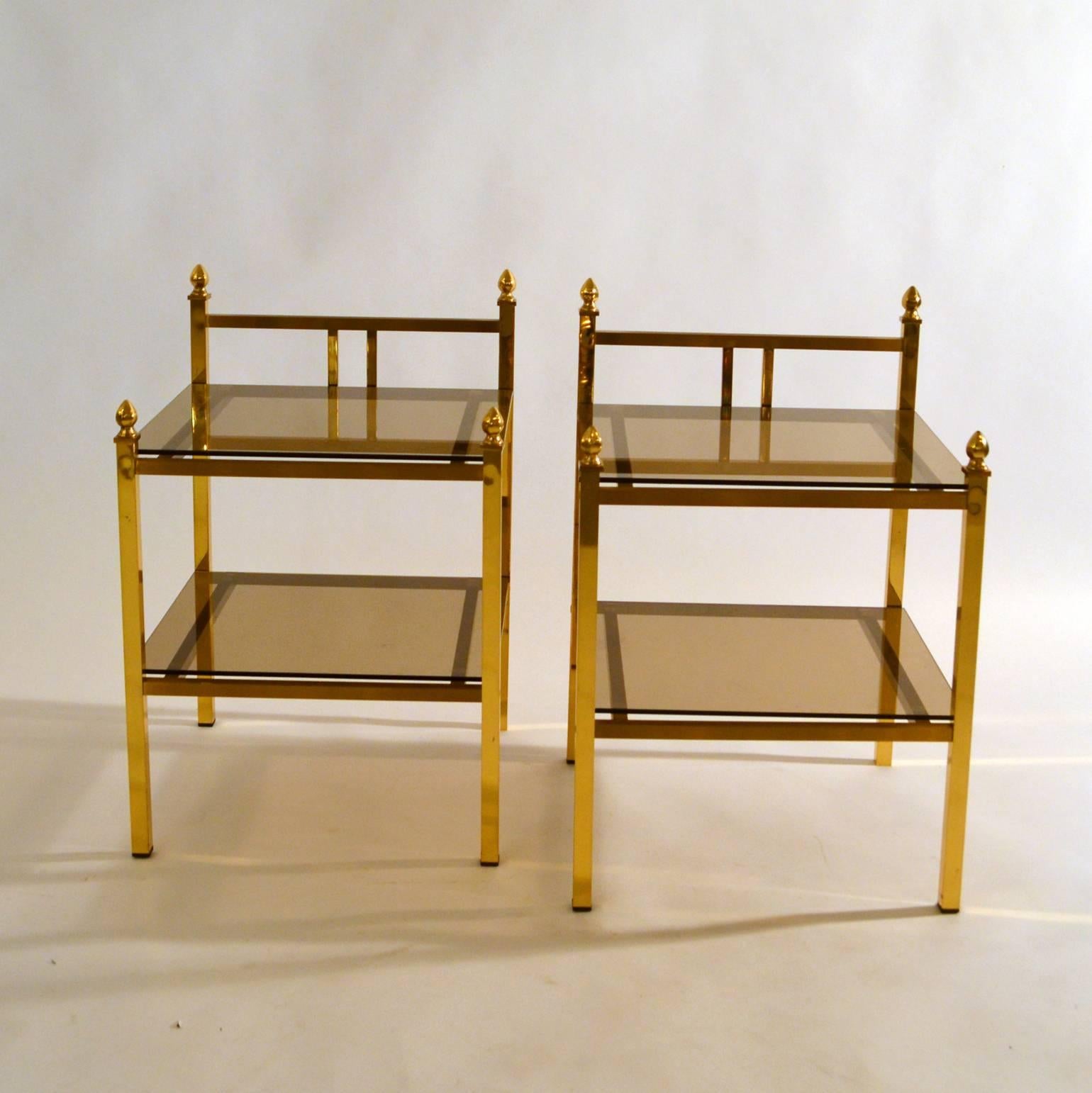 French Pair of Brass Side Tables with Glass Shelves in Maison Charles Style 