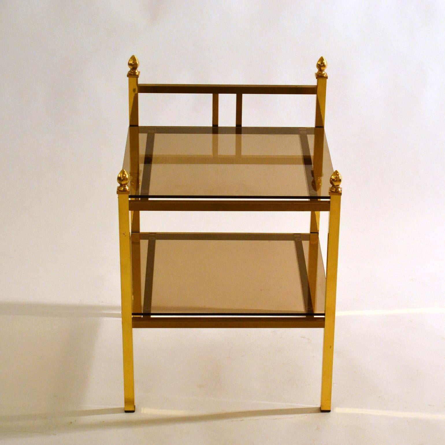 Pair of Brass Side Tables with Glass Shelves in Maison Charles Style  In Excellent Condition In London, GB