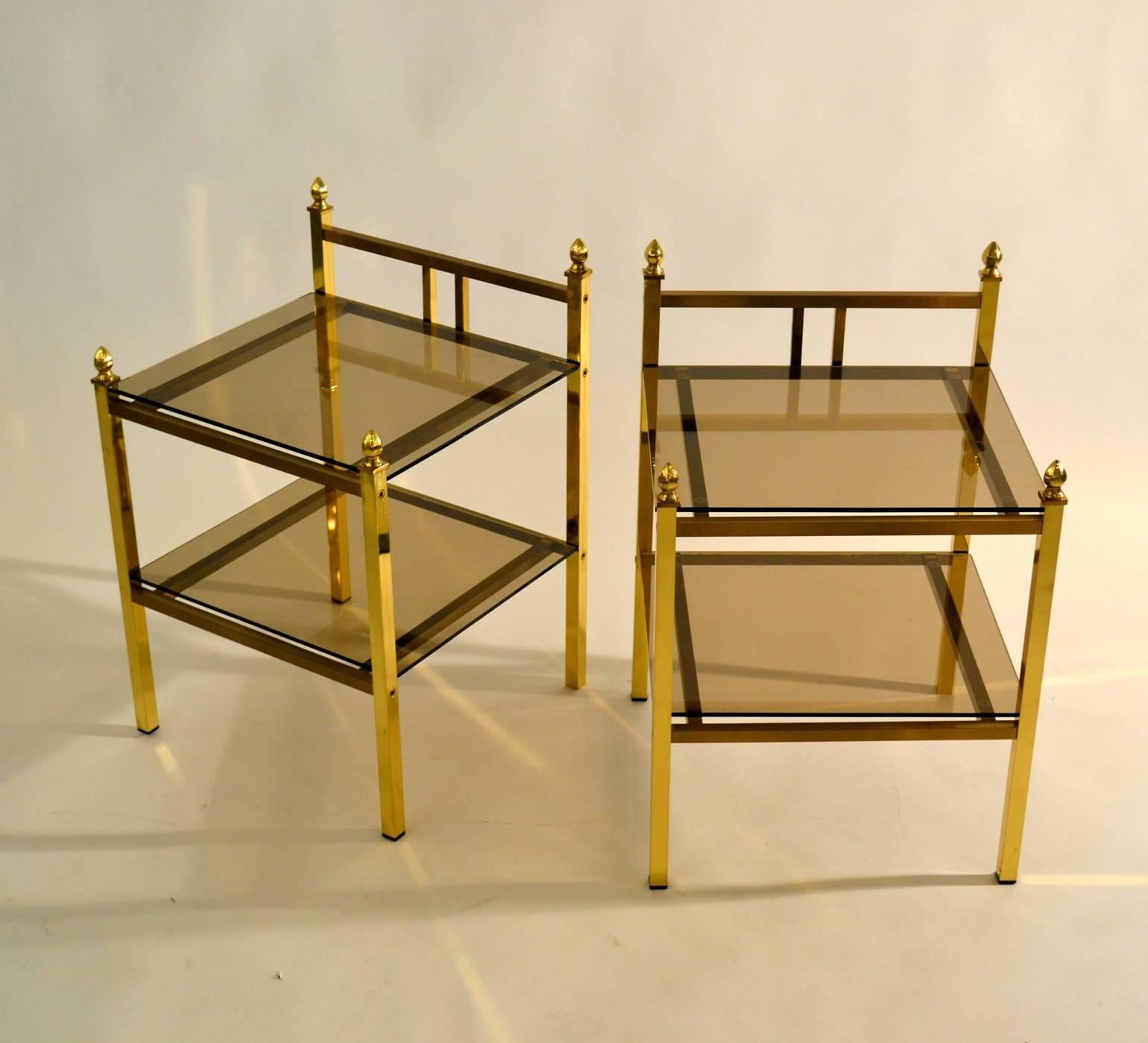 Late 20th Century Pair of Brass Side Tables with Glass Shelves in Maison Charles Style 